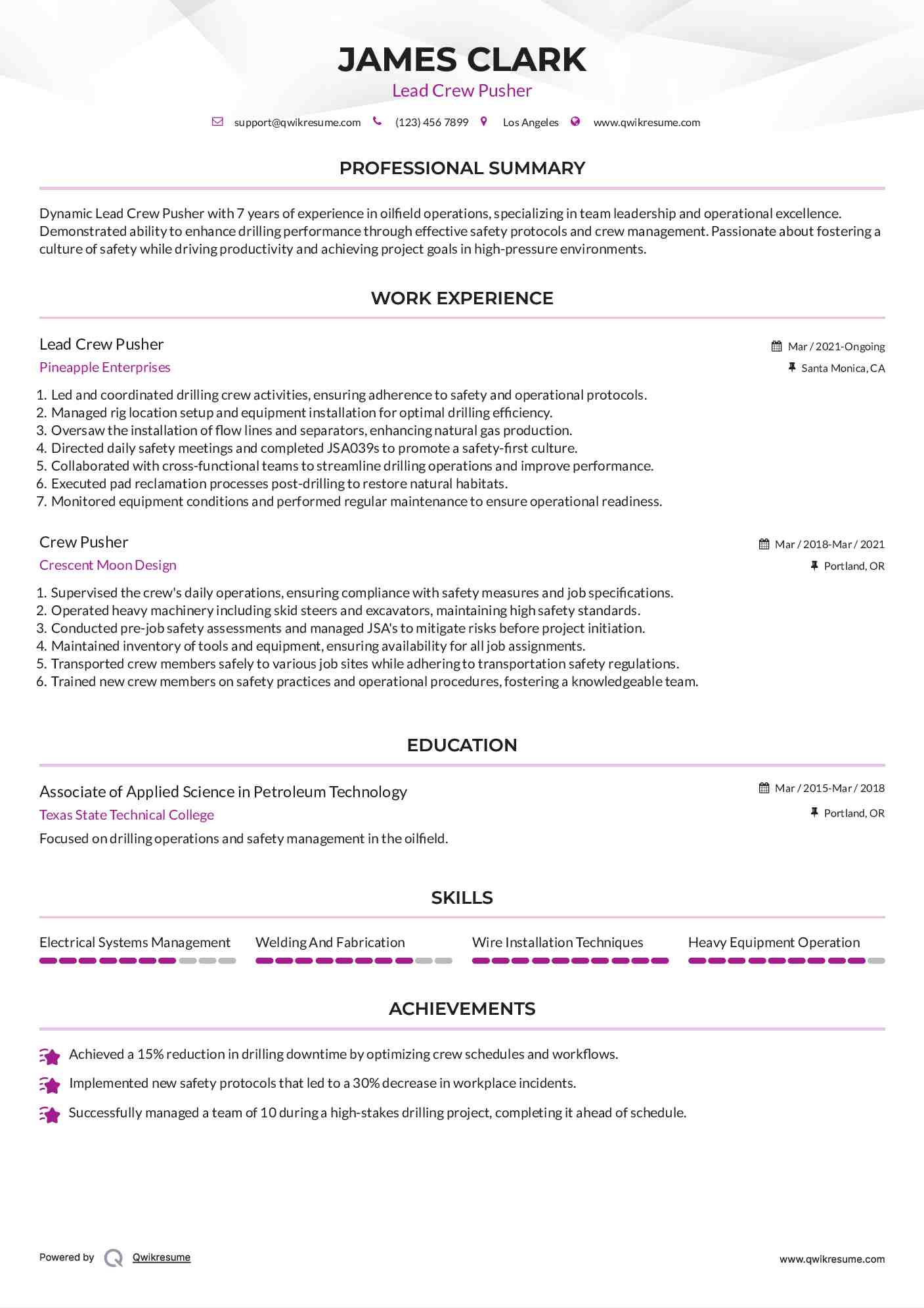 Lead Crew Pusher Resume Template