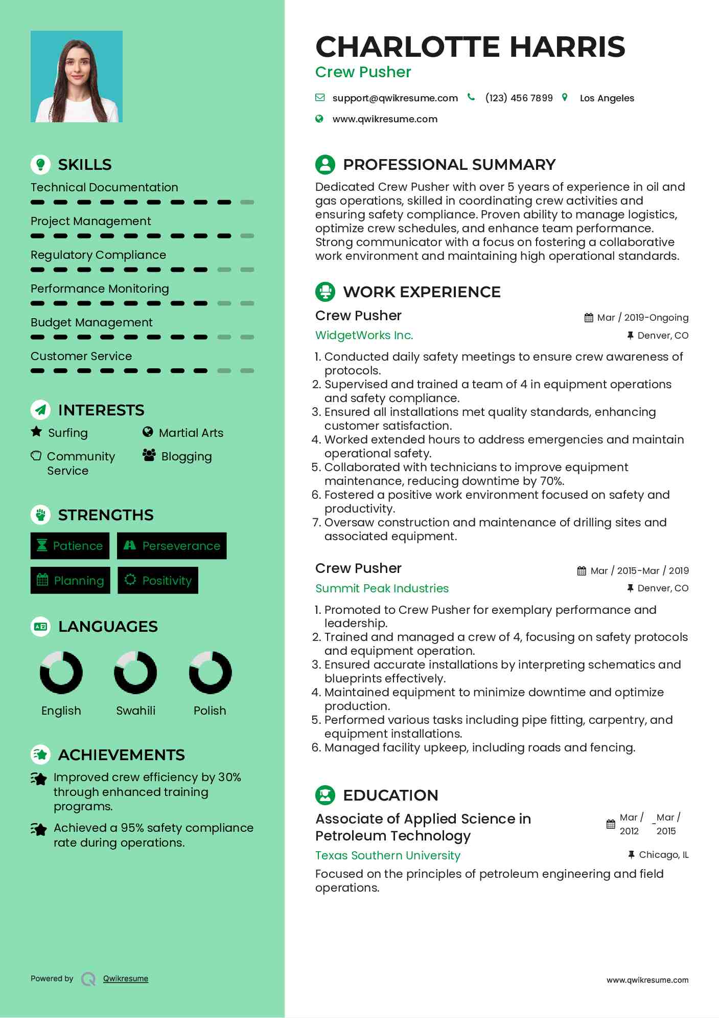 Crew Pusher Resume Samples QwikResume