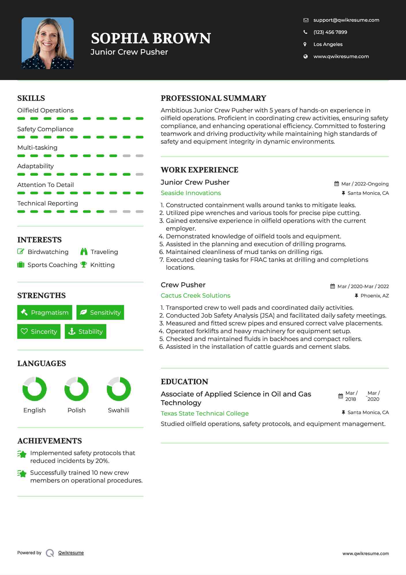 Junior Crew Pusher Resume Example