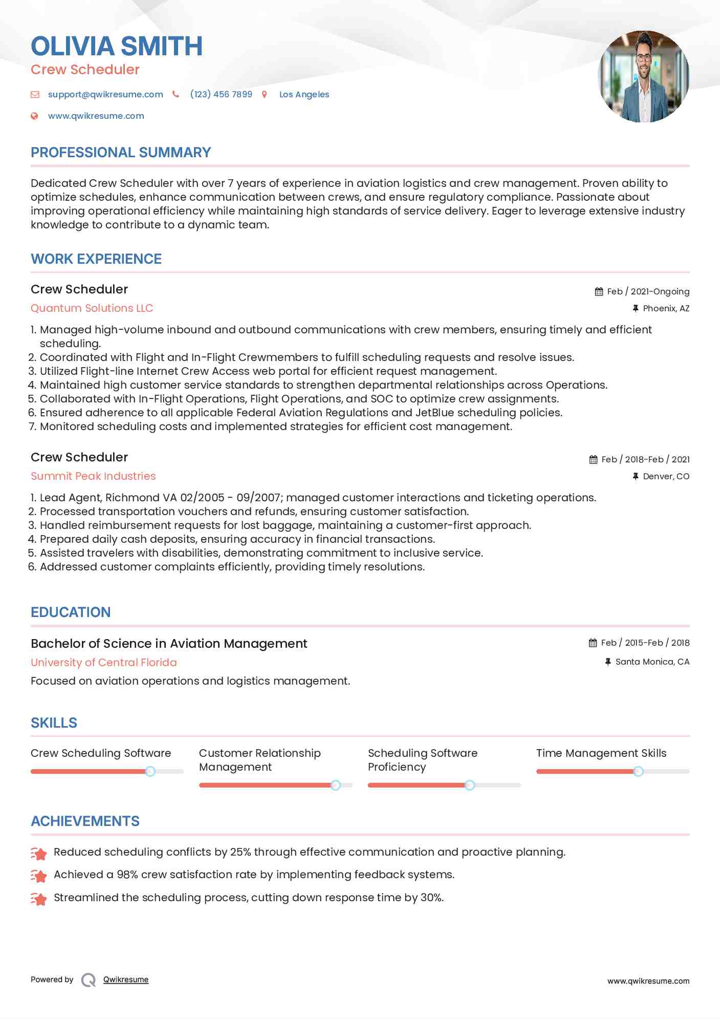 Crew Scheduler Resume Sample