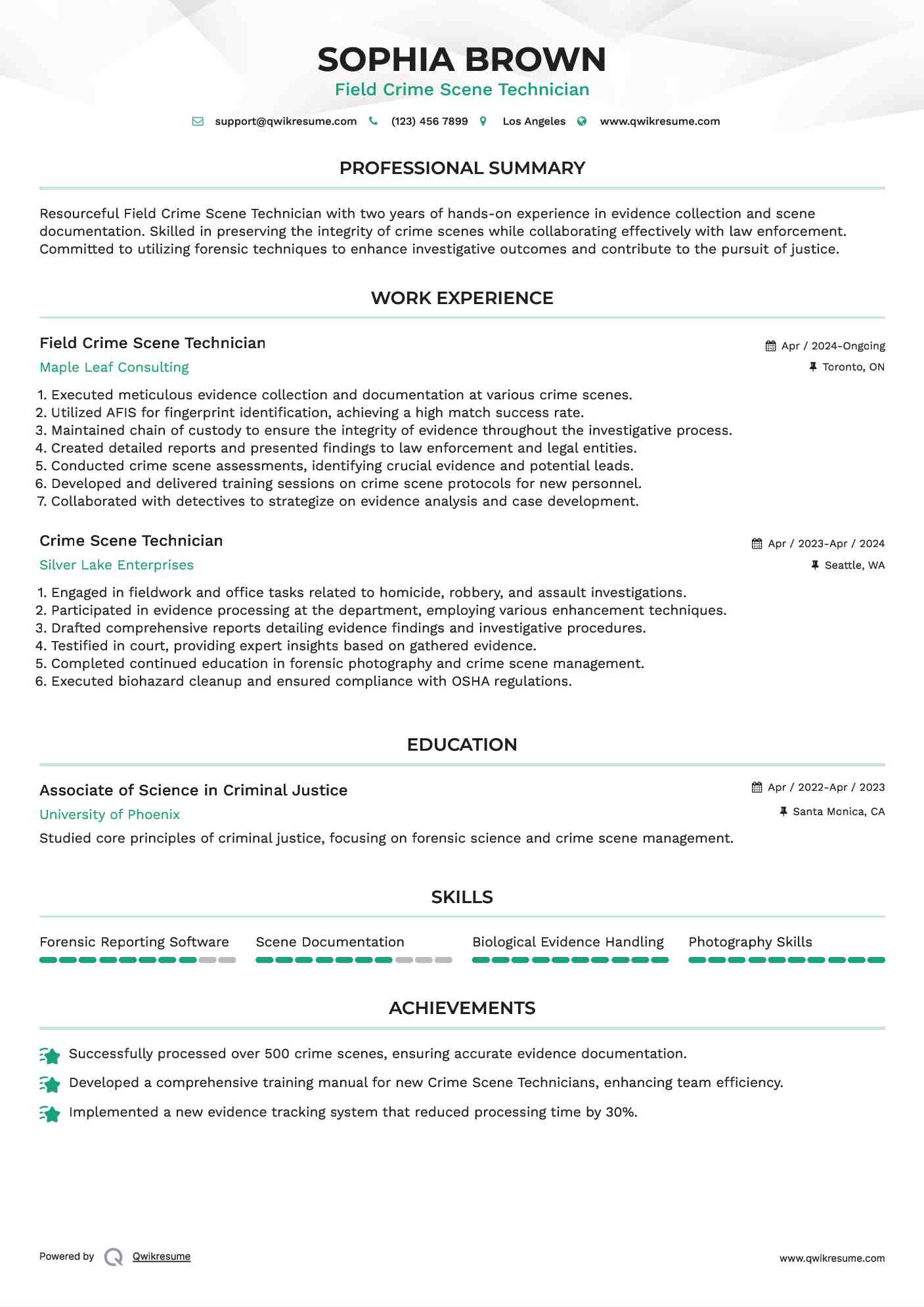Field Crime Scene Technician Resume Example
