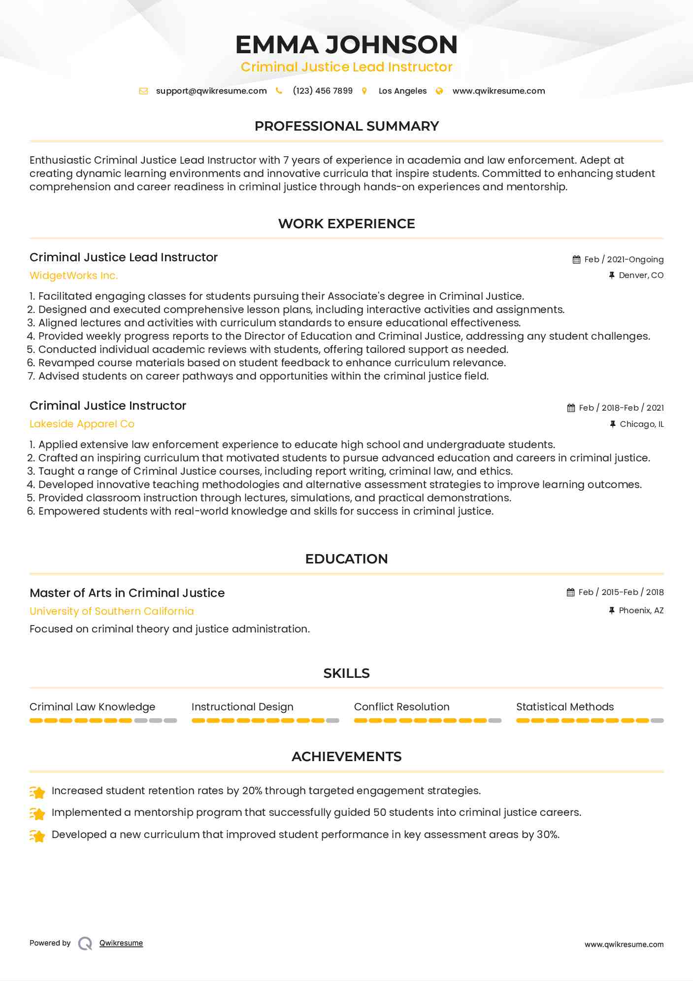 Criminal Justice Lead Instructor Resume Example