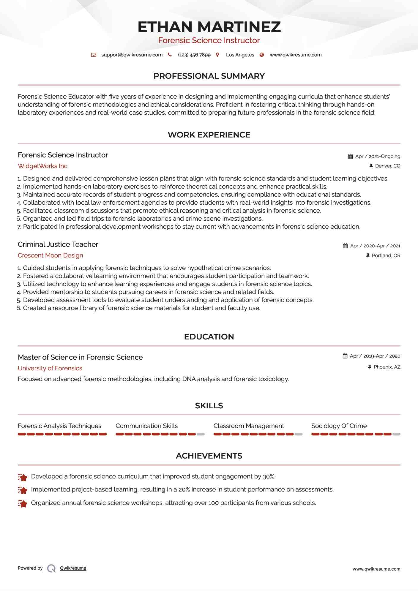 Forensic Science Instructor Resume Format