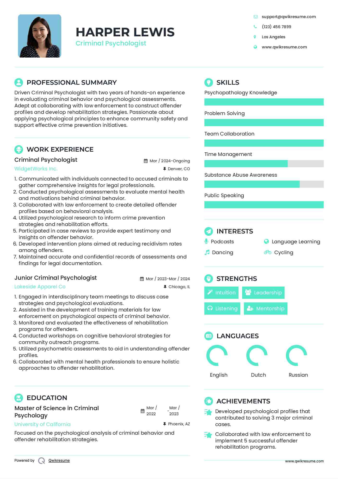 Criminal Psychologist Resume Sample