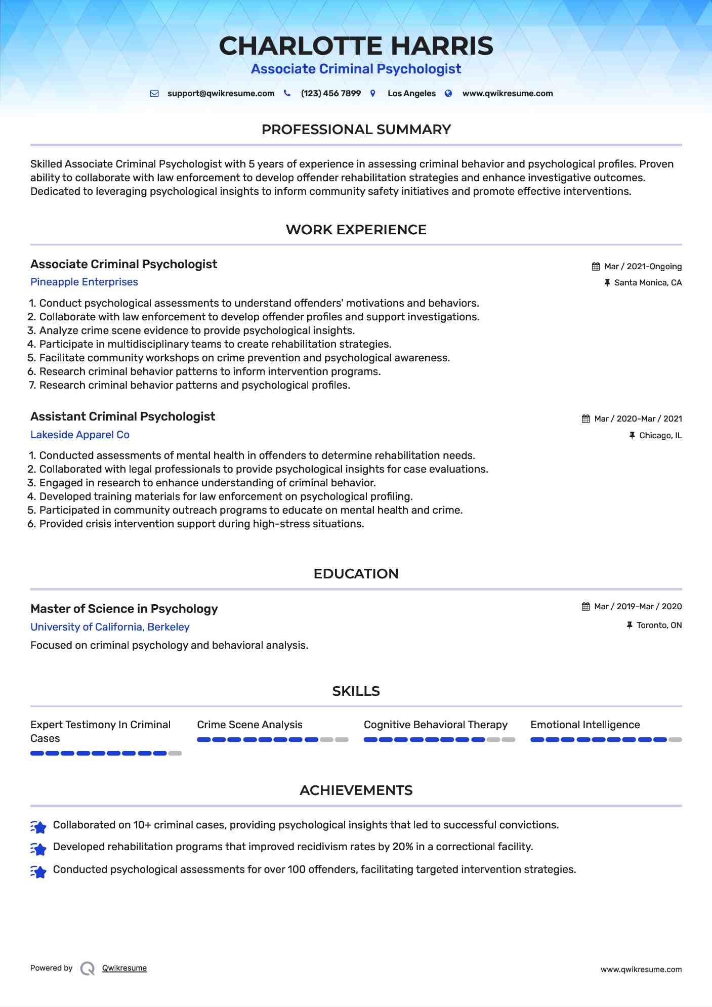 Associate Criminal Psychologist  Resume Example