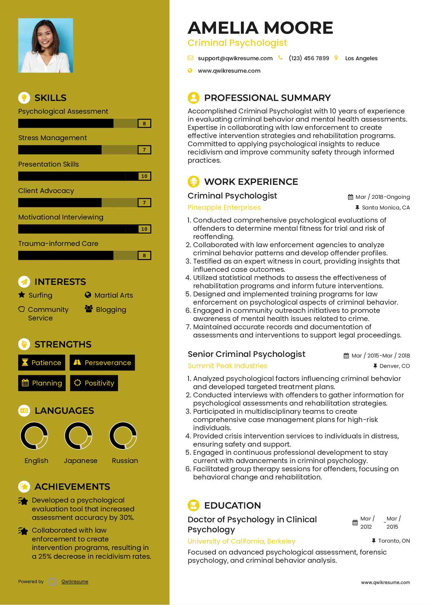 Criminal Psychologist Resume Example