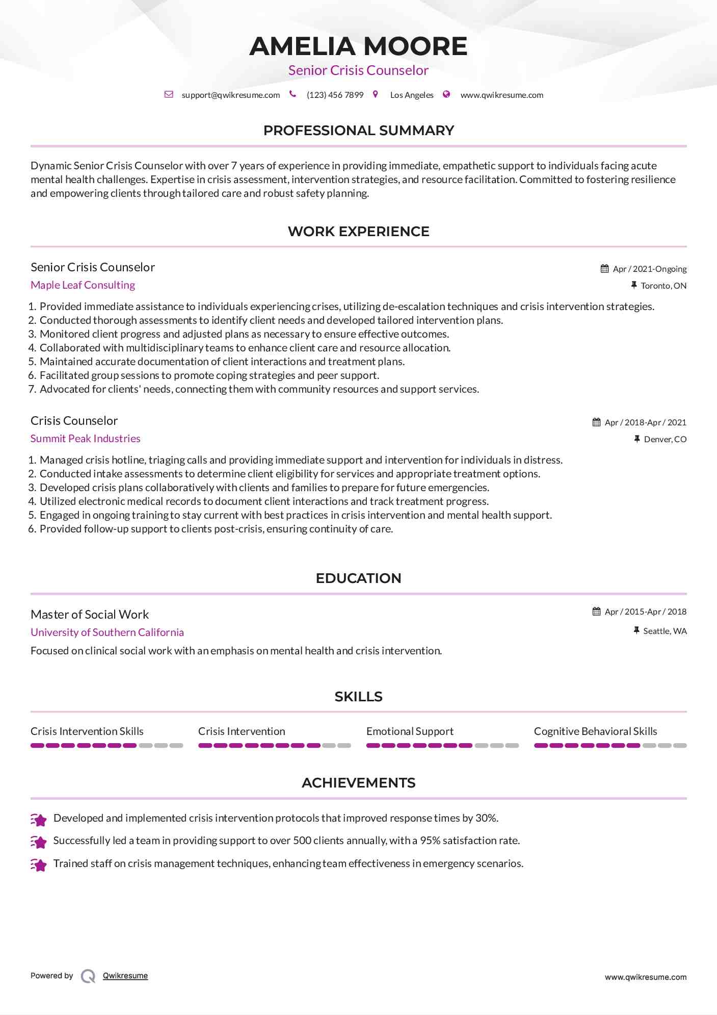 Senior Crisis Counselor Resume Sample