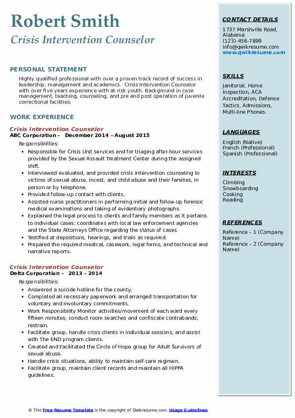 Crisis Intervention Counselor Resume Samples | QwikResume