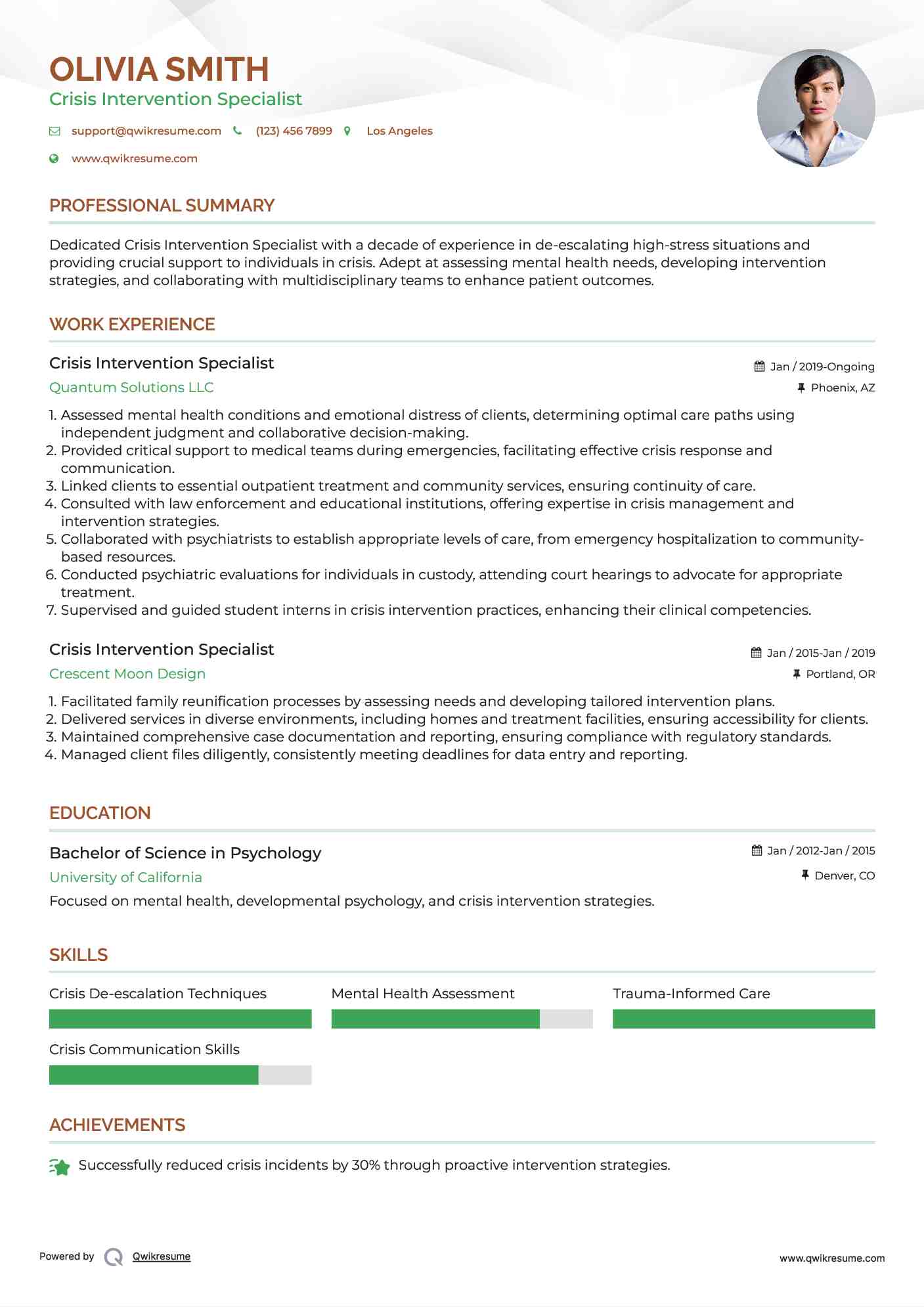 Crisis Intervention Specialist Resume Example