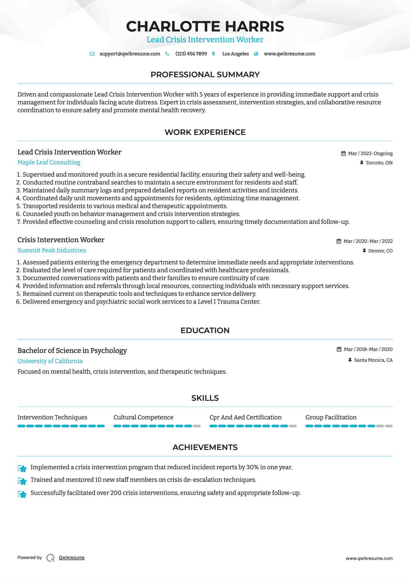 Lead Crisis Intervention Worker Resume Model