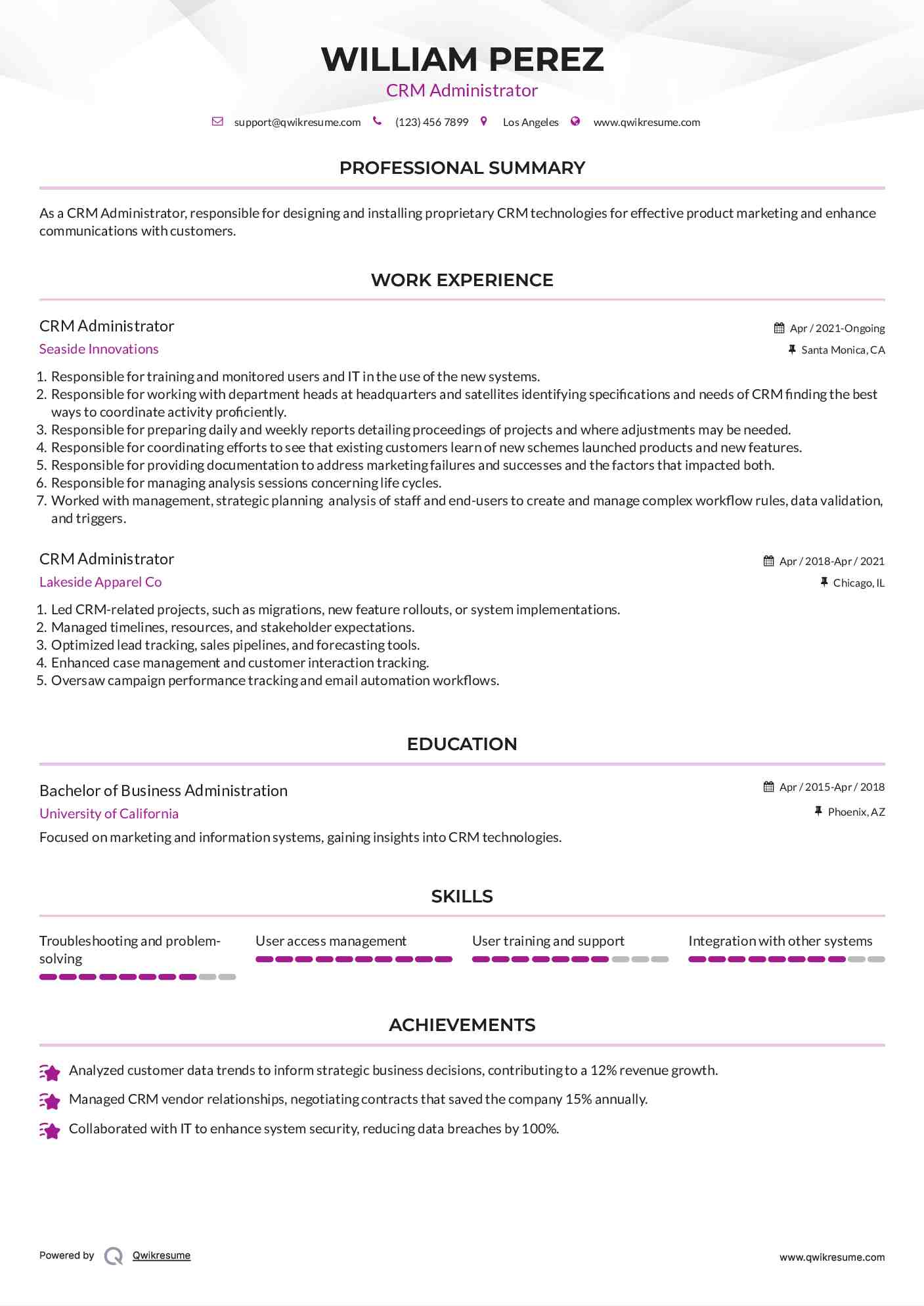 CRM Administrator Resume Format