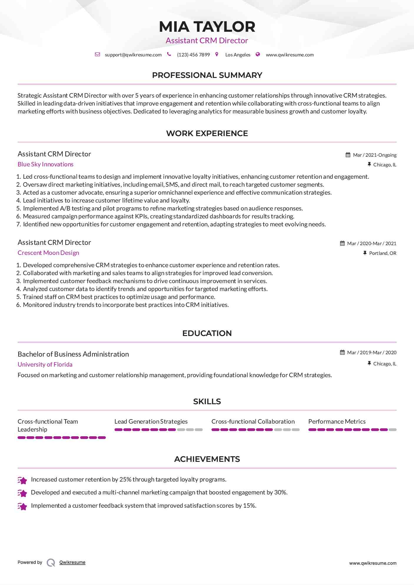 Assistant CRM Director Resume Format