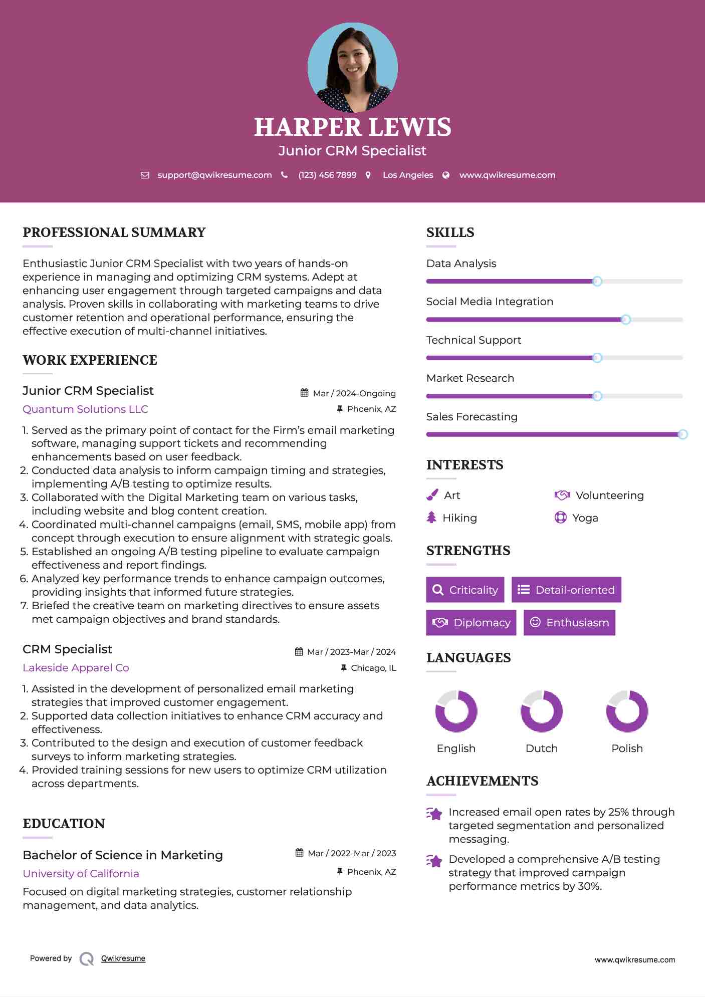Junior CRM Specialist Resume Example