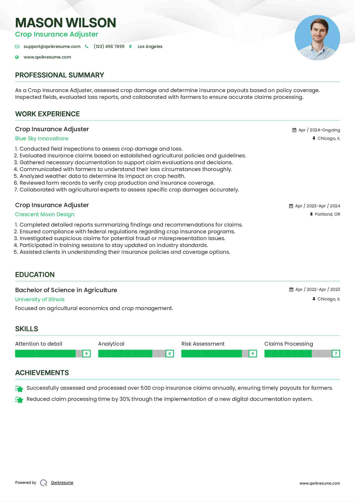 Crop Insurance Adjuster Resume Template