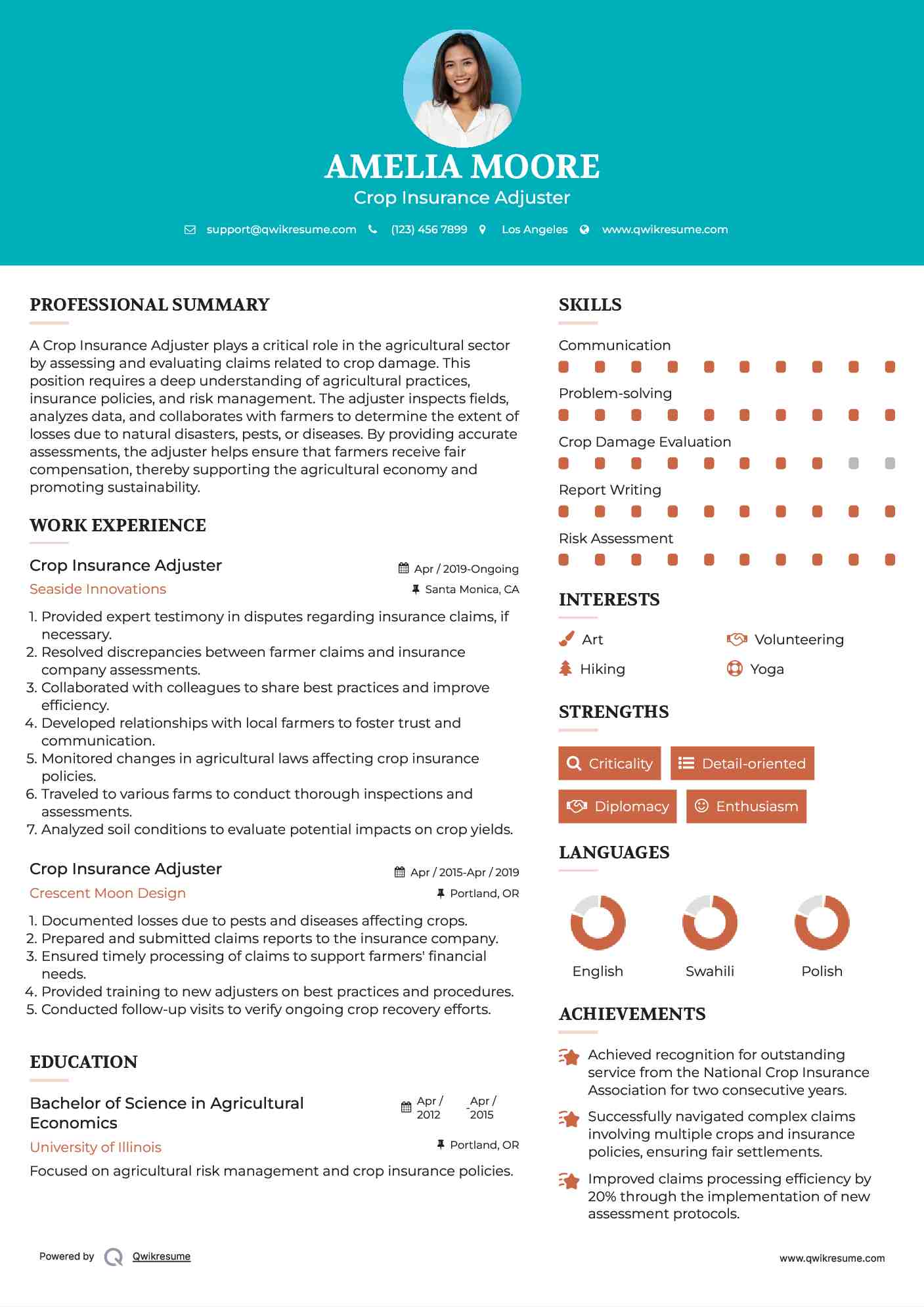 Crop Insurance Adjuster Resume Sample