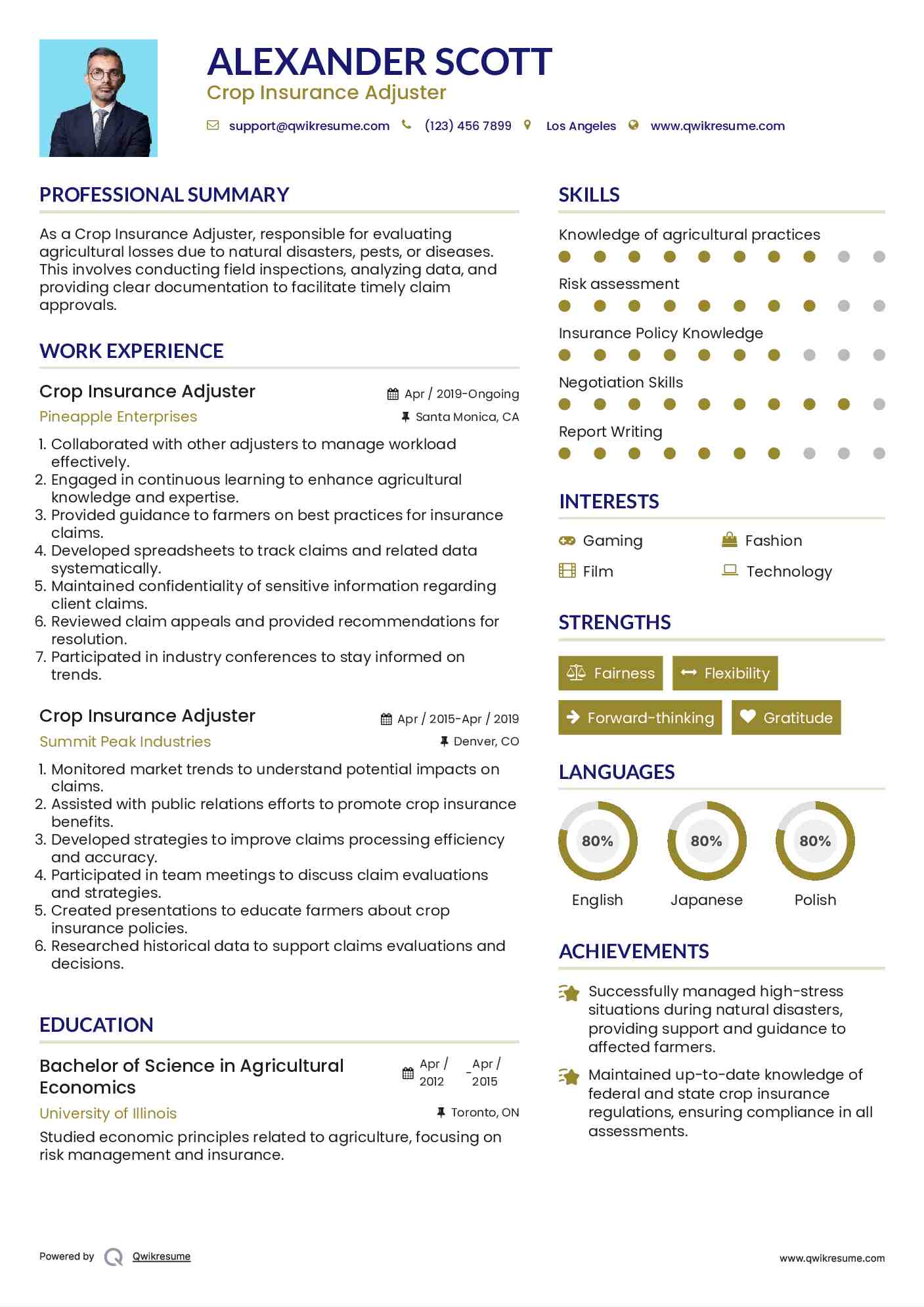 Crop Insurance Adjuster Resume Example