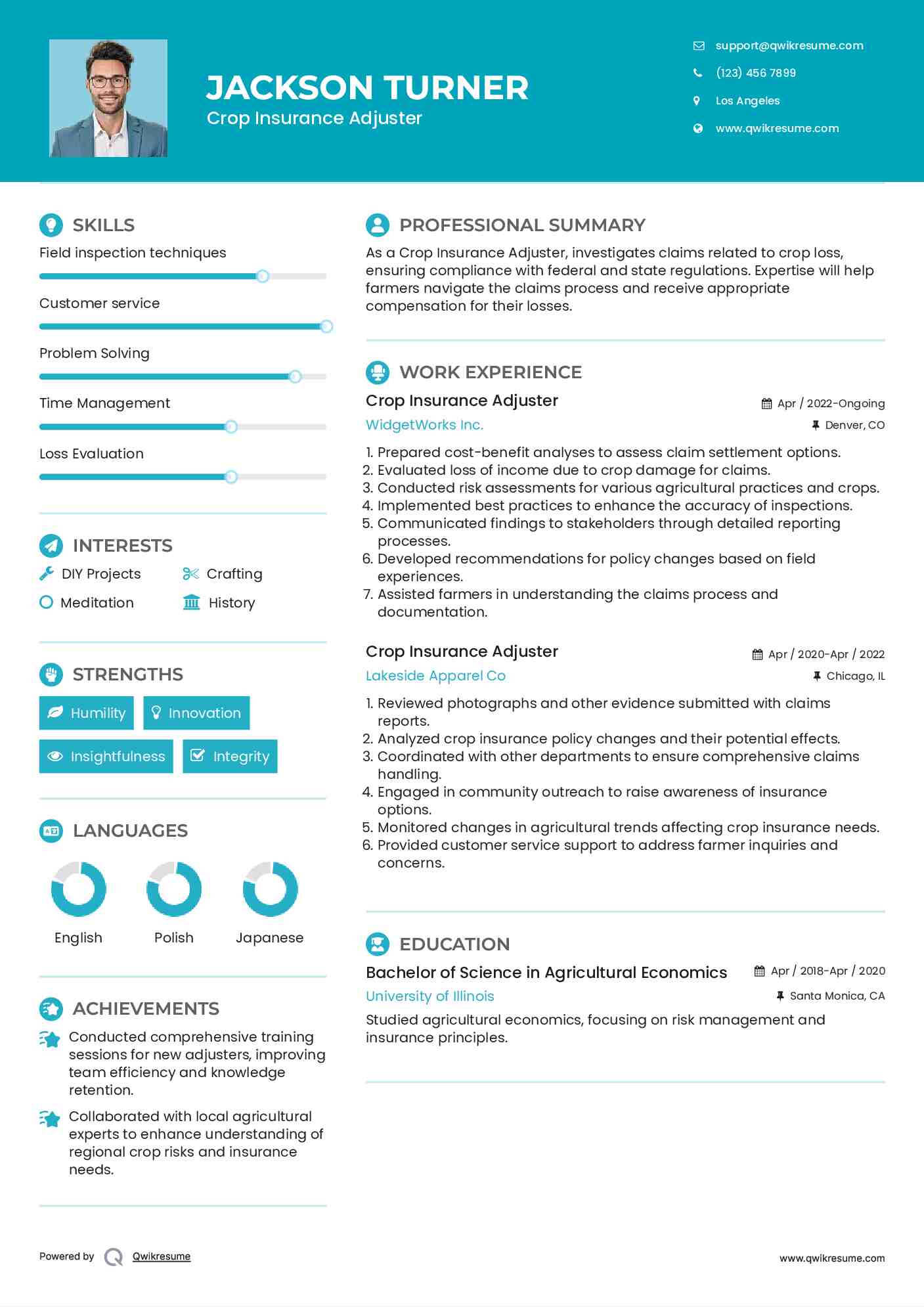 Crop Insurance Adjuster Resume Template