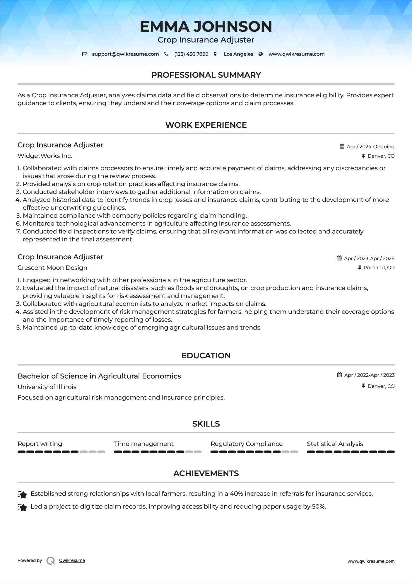 Crop Insurance Adjuster Resume Model
