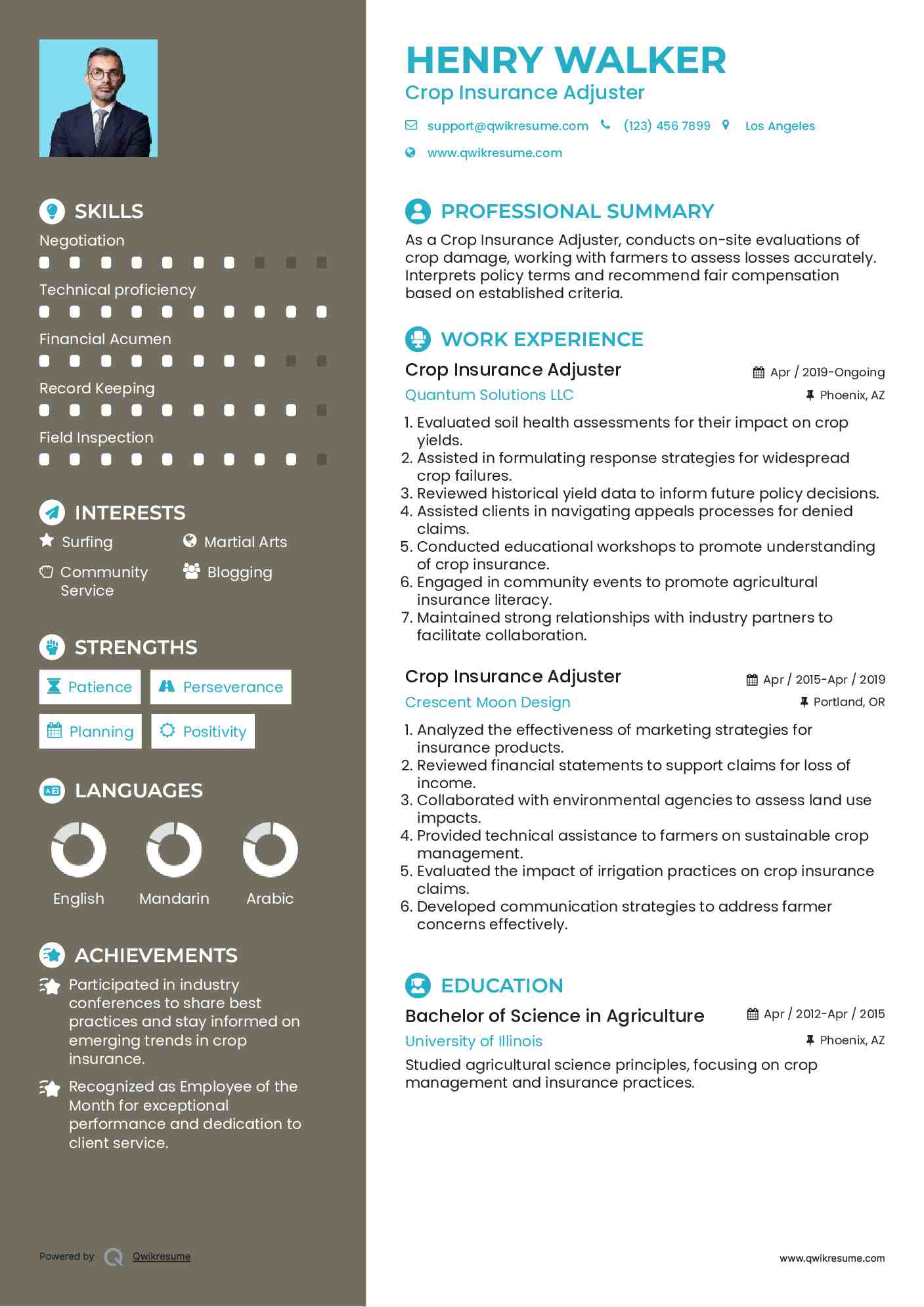 Crop Insurance Adjuster Resume Example