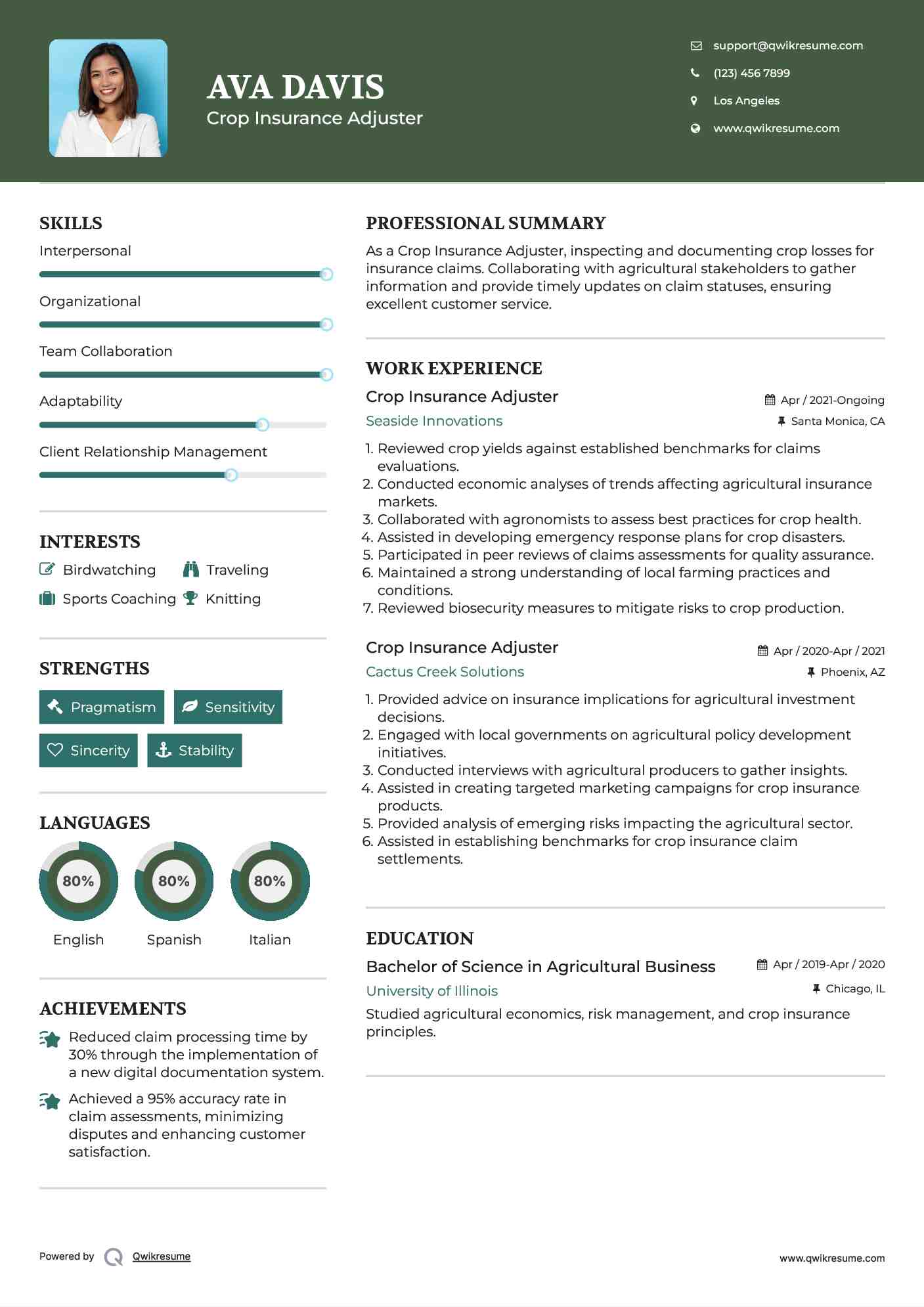 Crop Insurance Adjuster Resume Format
