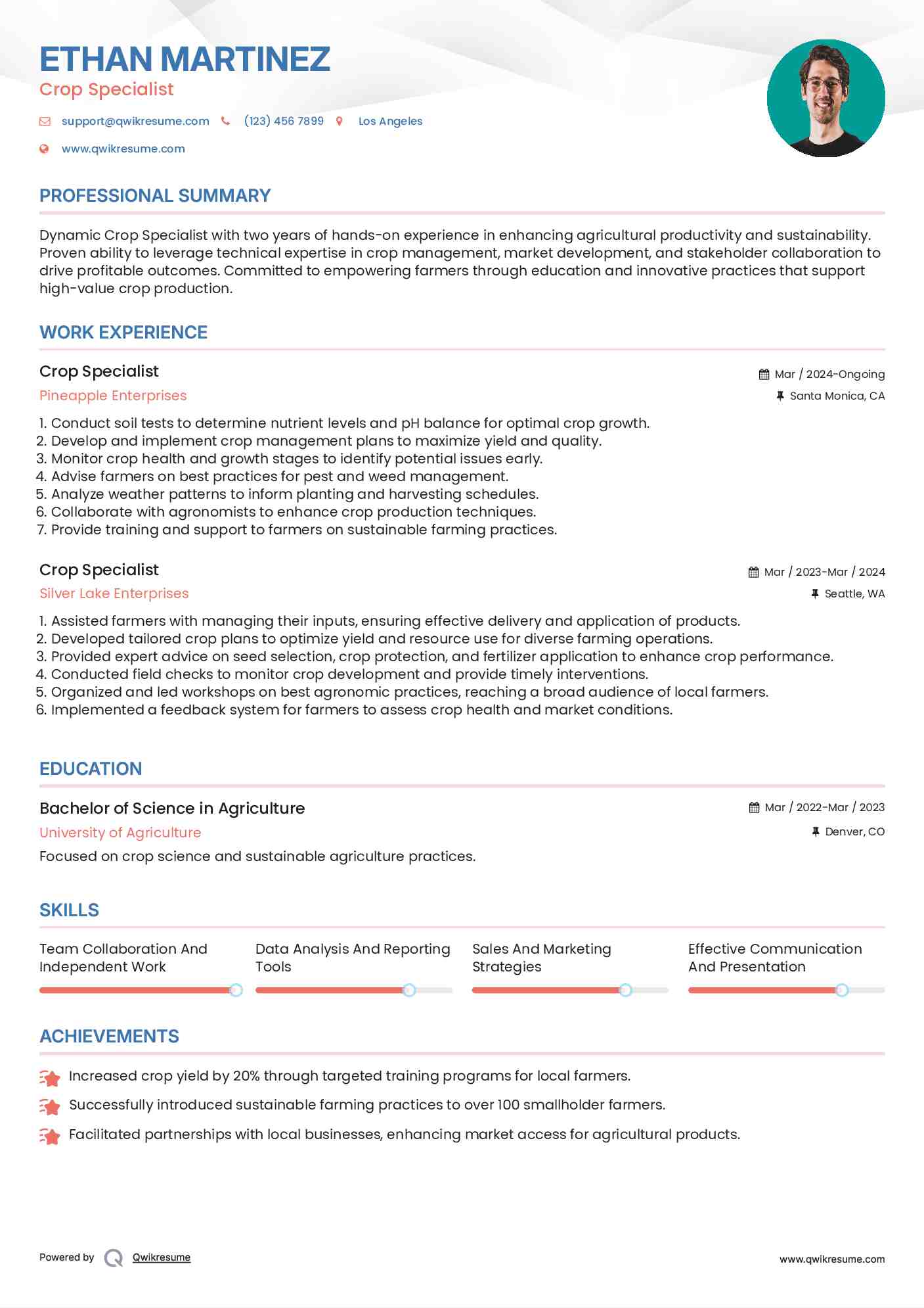 Crop Specialist Resume Format