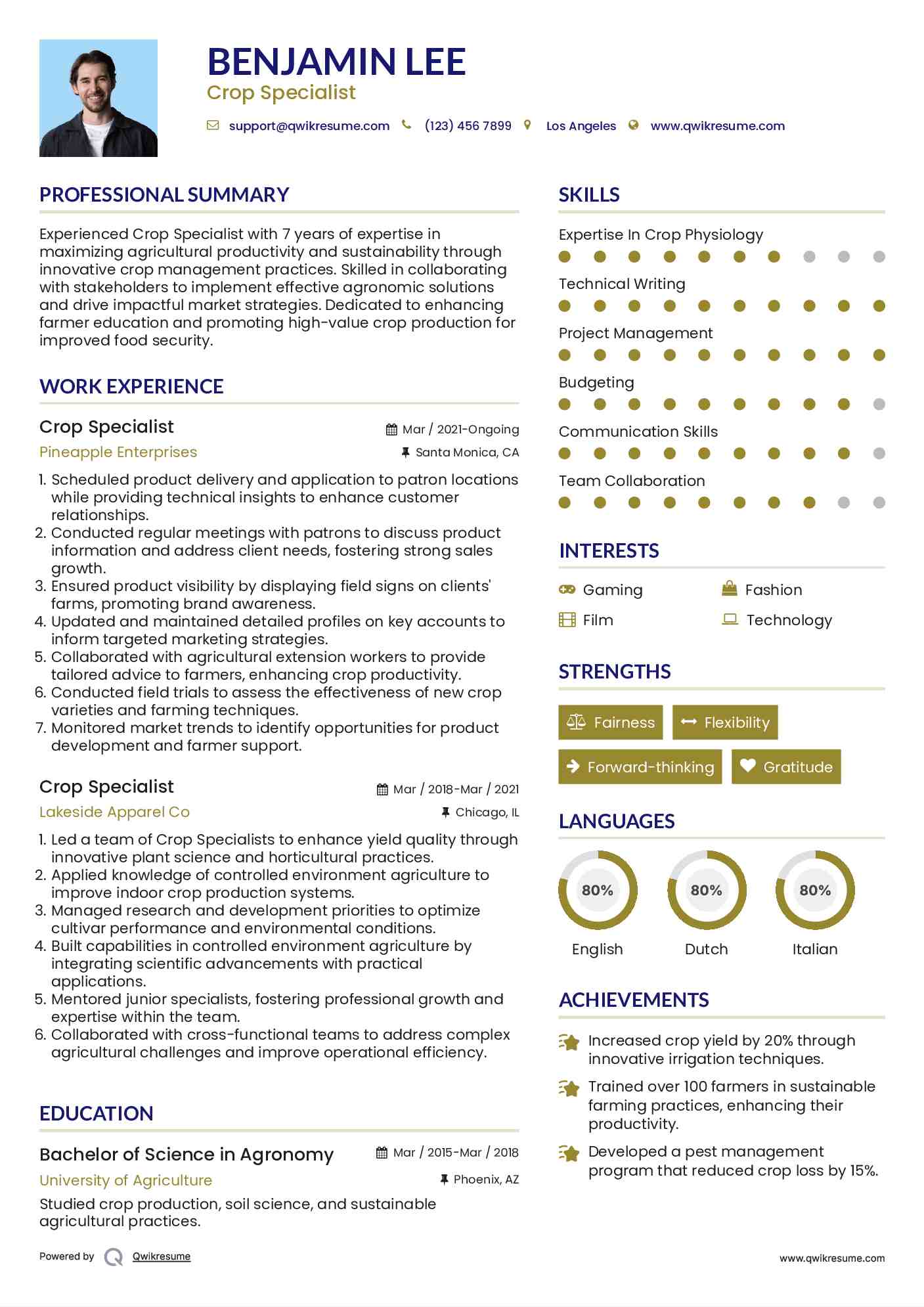 Crop Specialist Resume Example