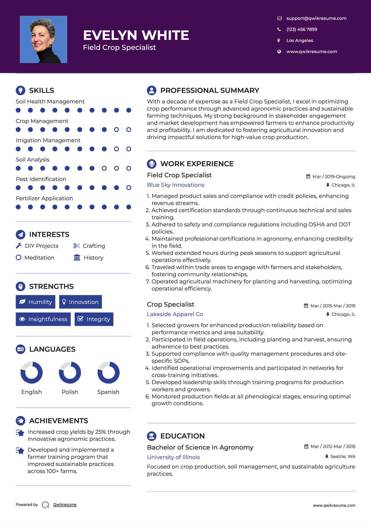 Field Crop Specialist Resume Sample