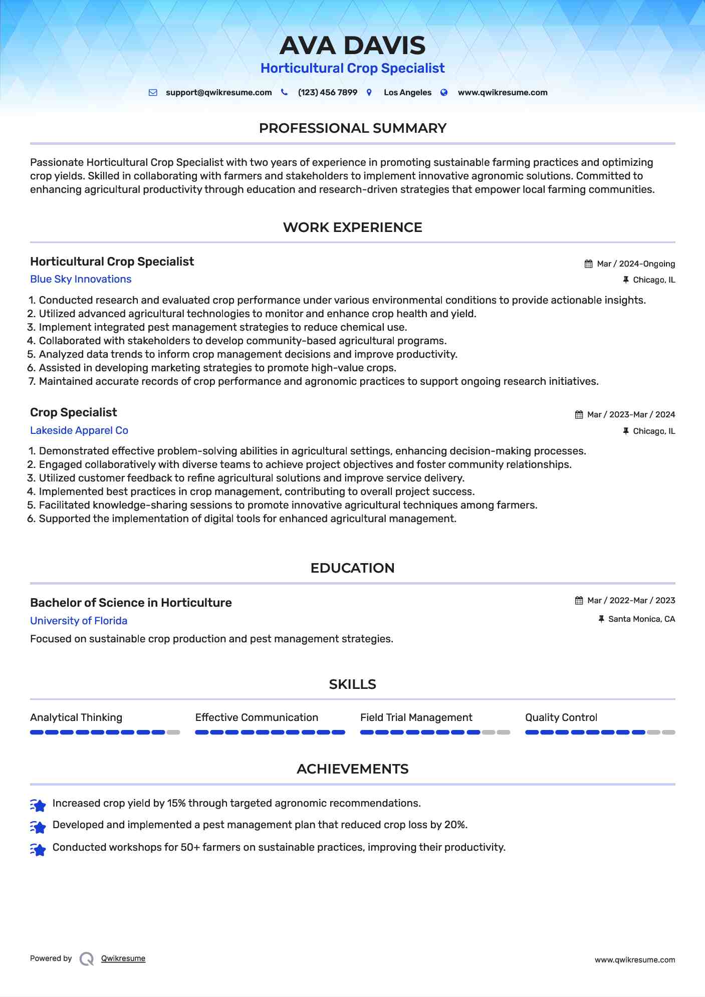Horticultural Crop Specialist Resume Sample