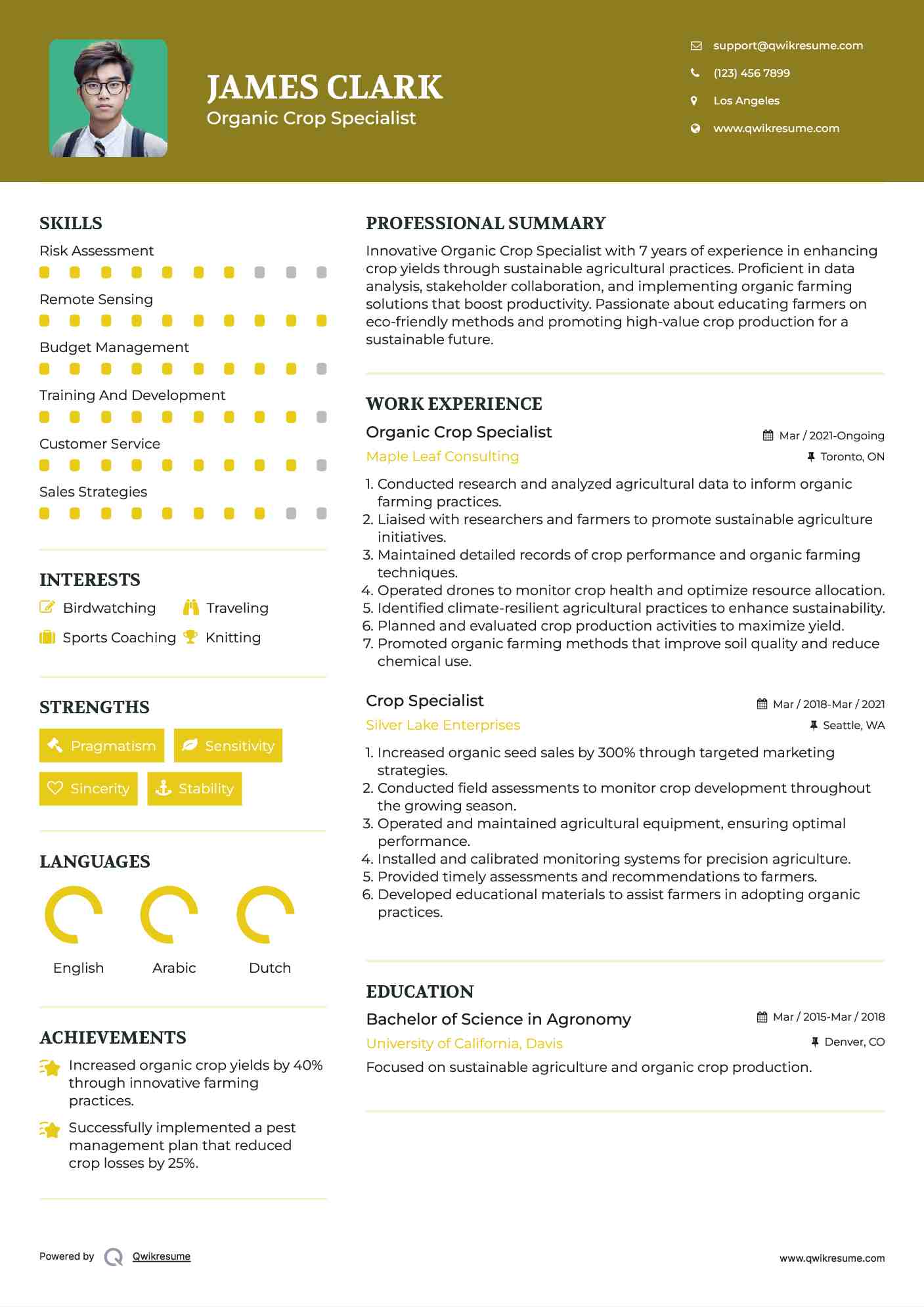 Organic Crop Specialist Resume Sample