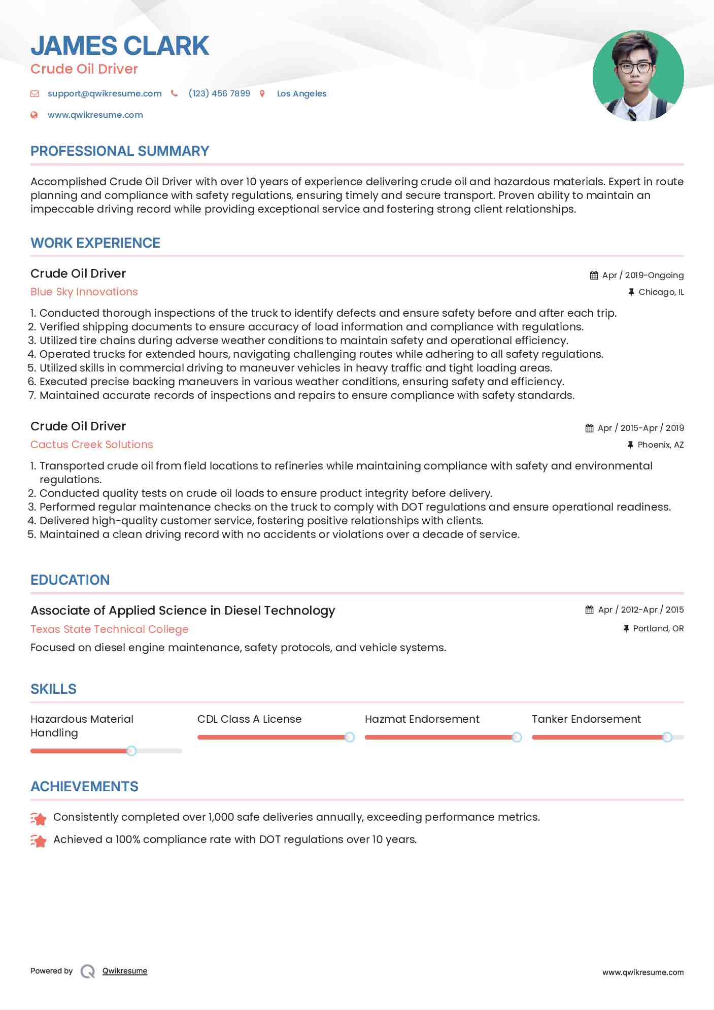 Crude Oil Driver Resume Example