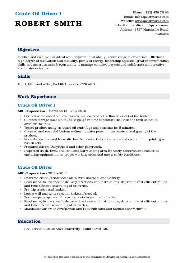 Crude Oil Driver Resume Samples QwikResume