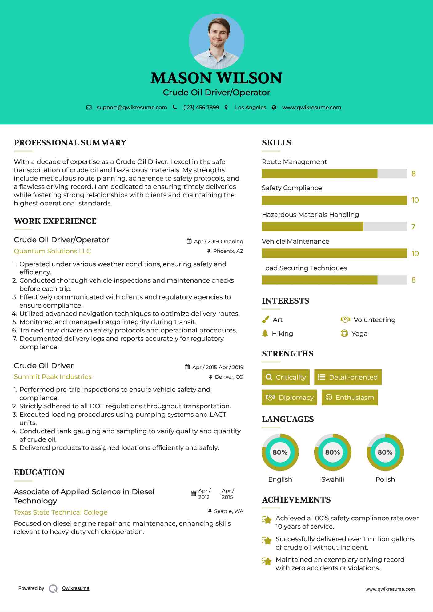 Crude Oil Driver/Operator Resume Format
