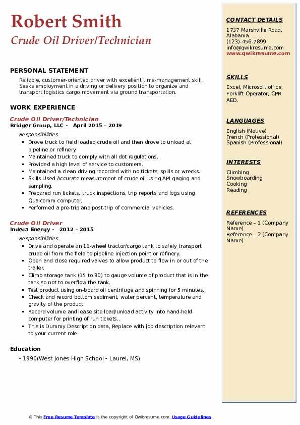 Crude Oil Driver Resume Samples QwikResume