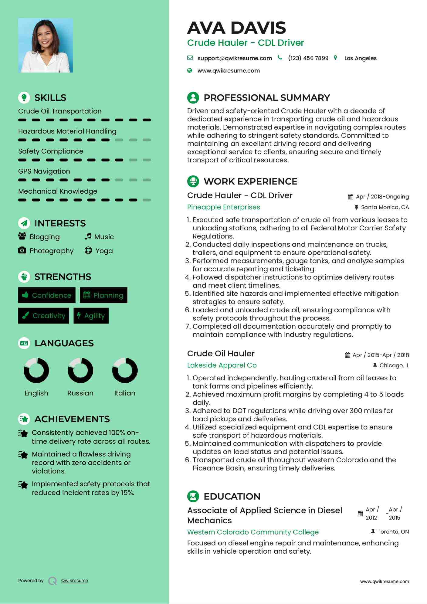 Crude Hauler - CDL Driver Resume Format