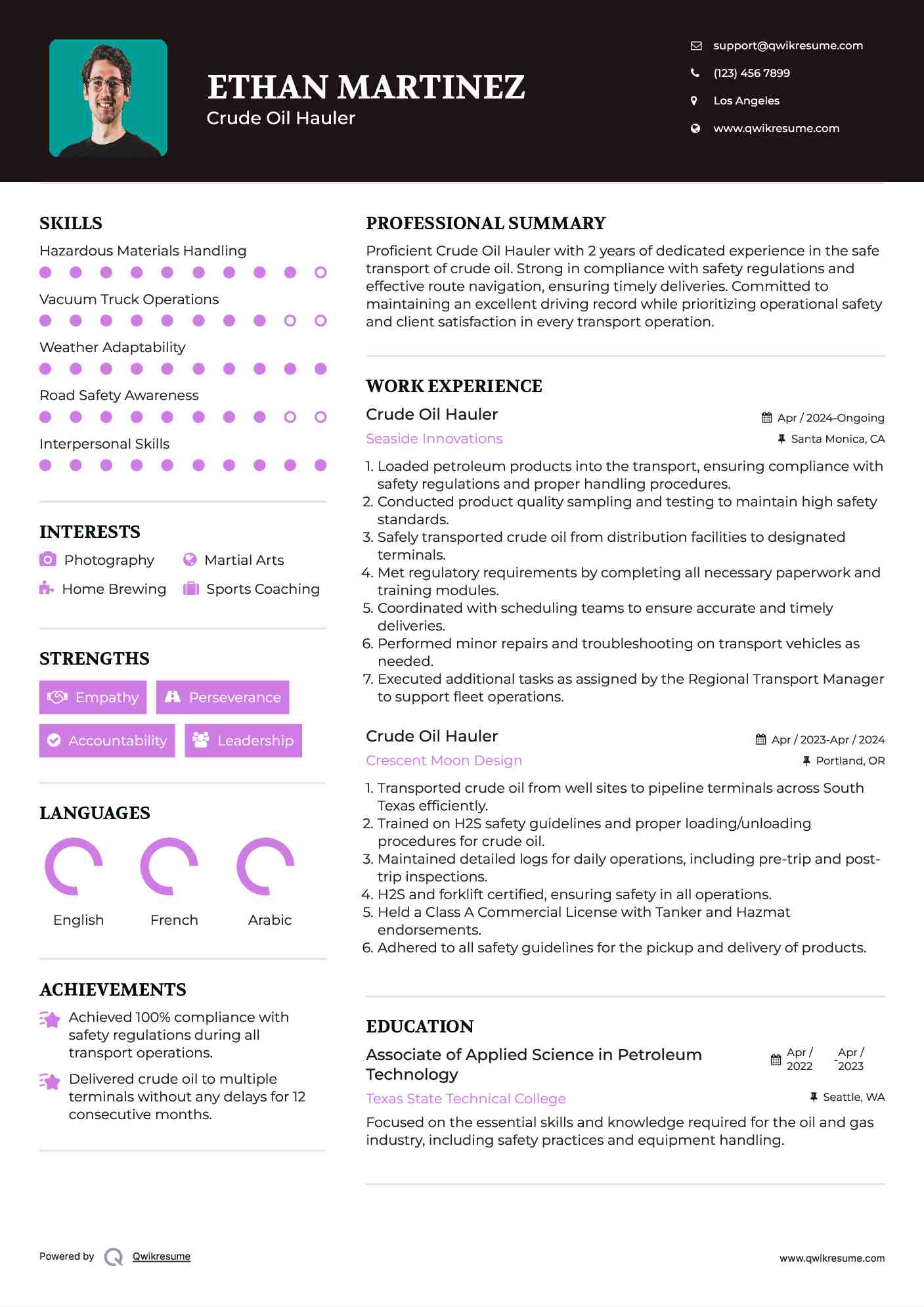 Crude Oil Hauler Resume Model