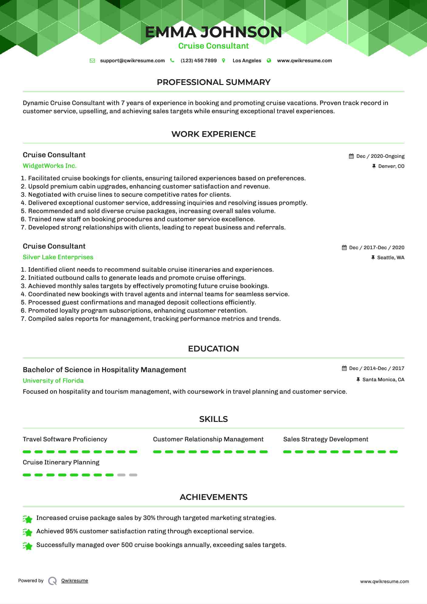 Cruise Consultant Resume Sample