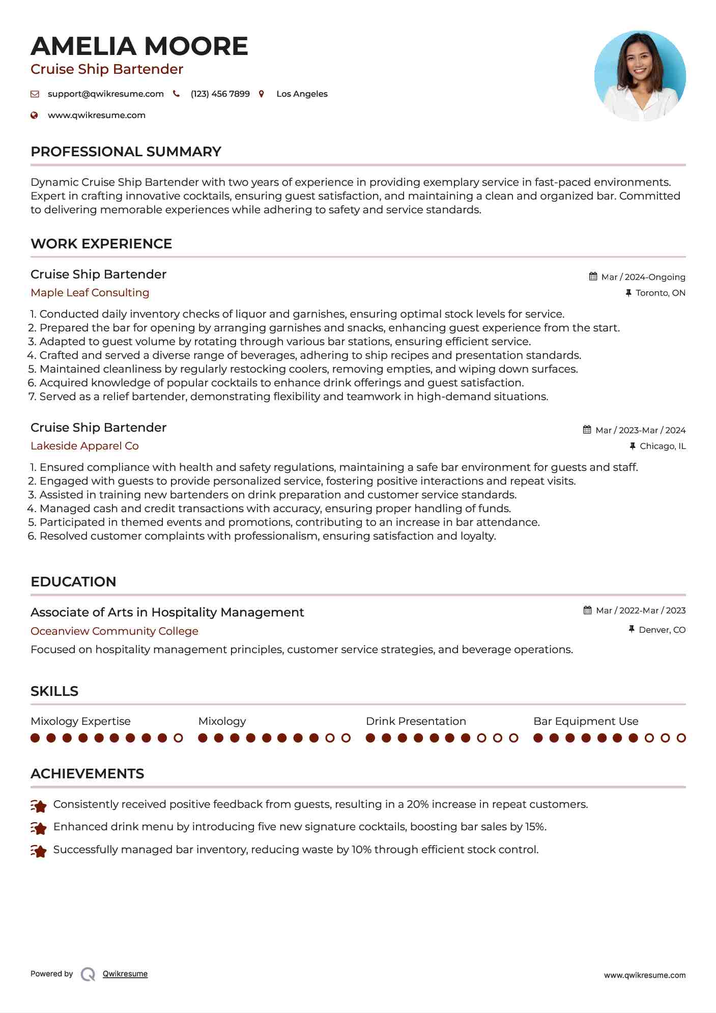 Cruise Ship Bartender Resume Model