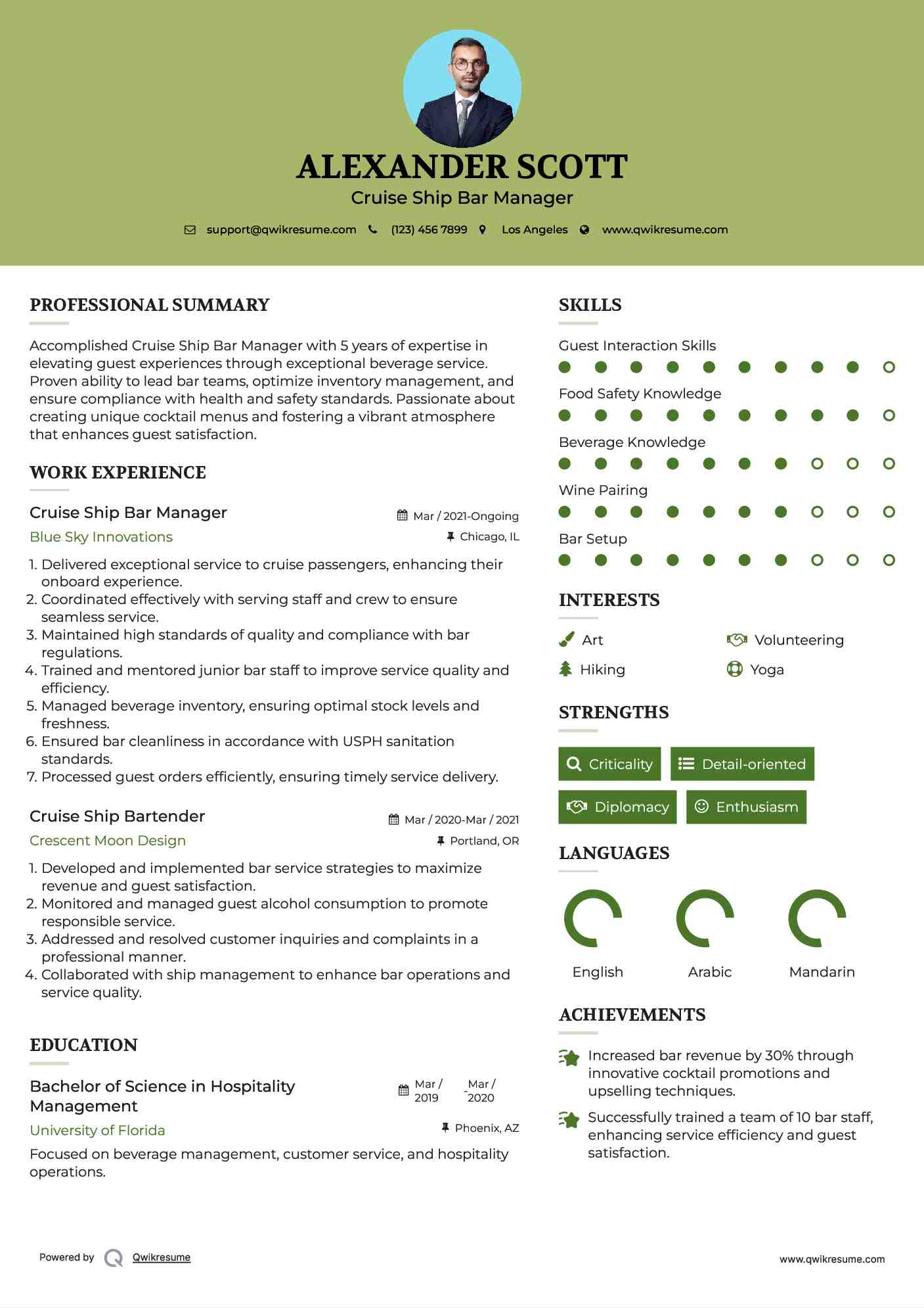 Cruise Ship Bar Manager Resume Example