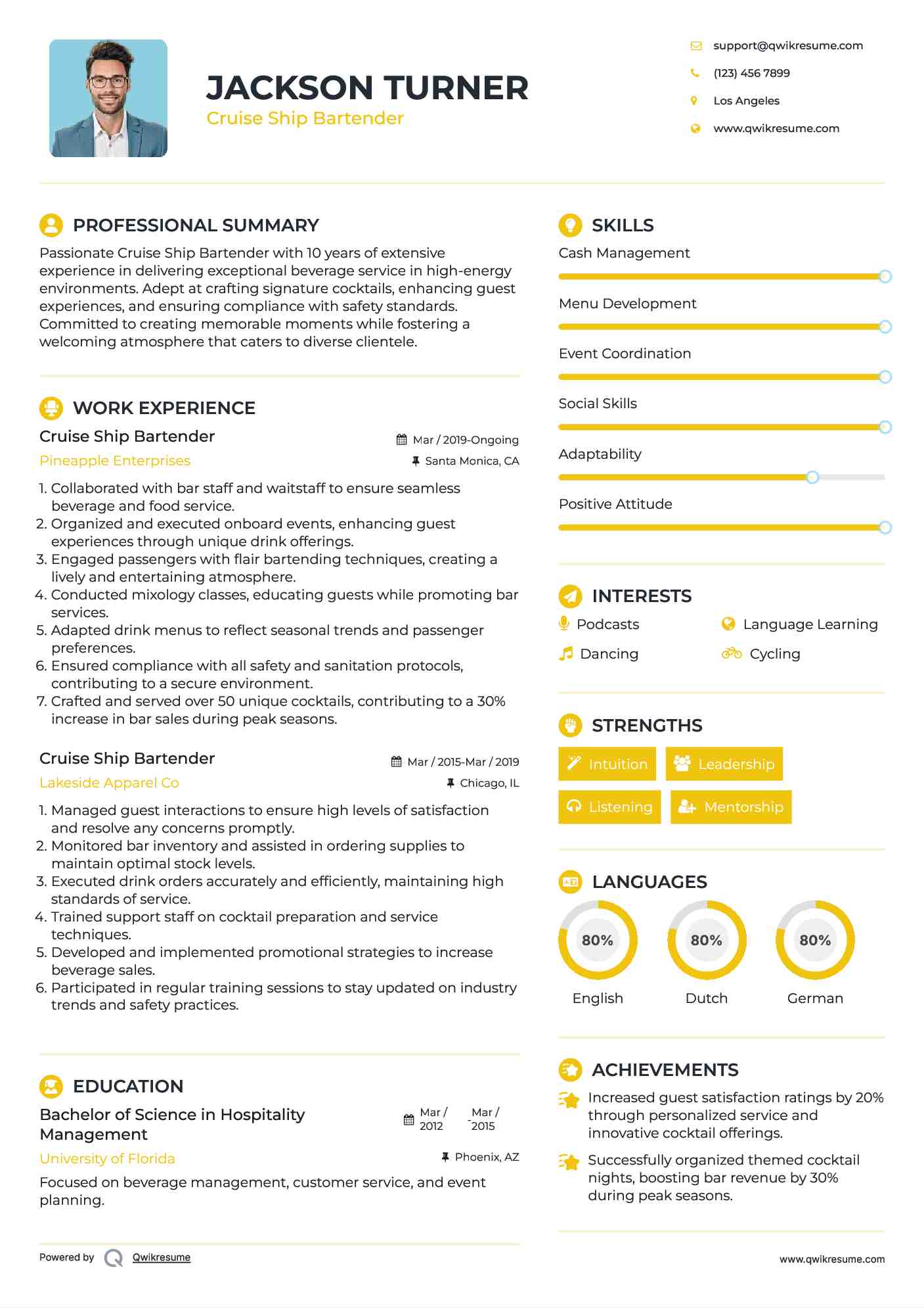 Cruise Ship Bartender Resume Example