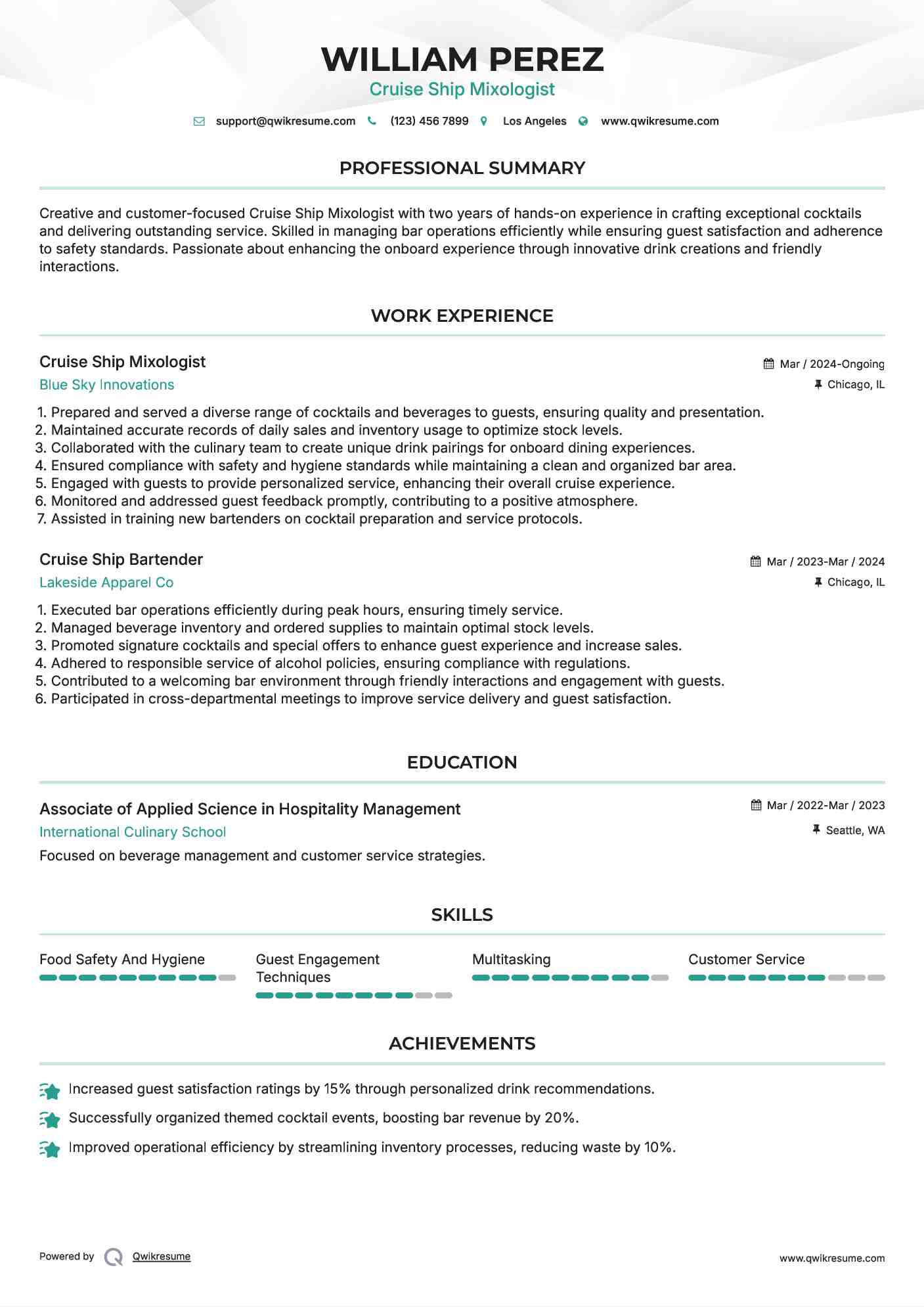 Cruise Ship Mixologist Resume Template