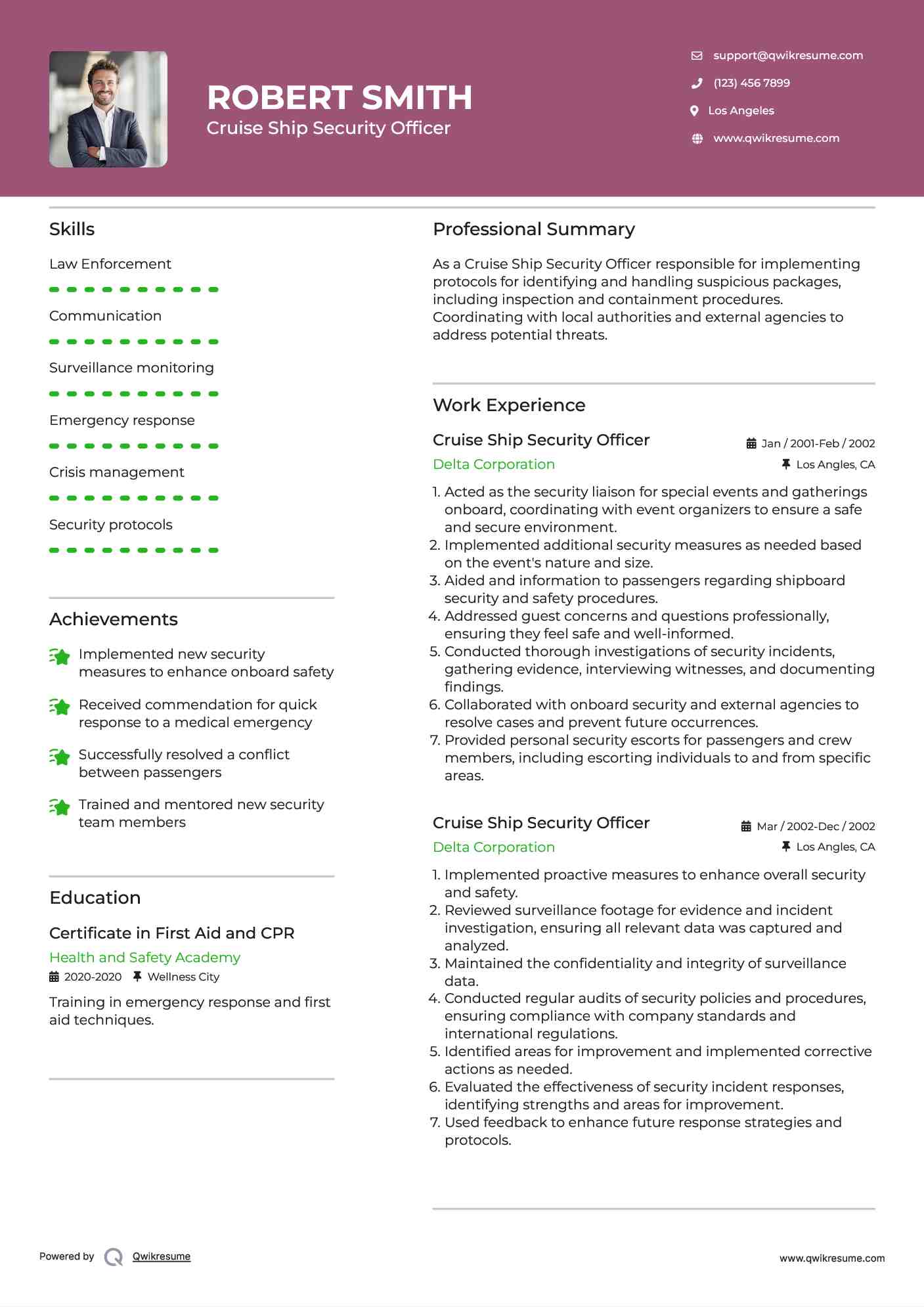 Cruise Ship Security Officer Resume Template