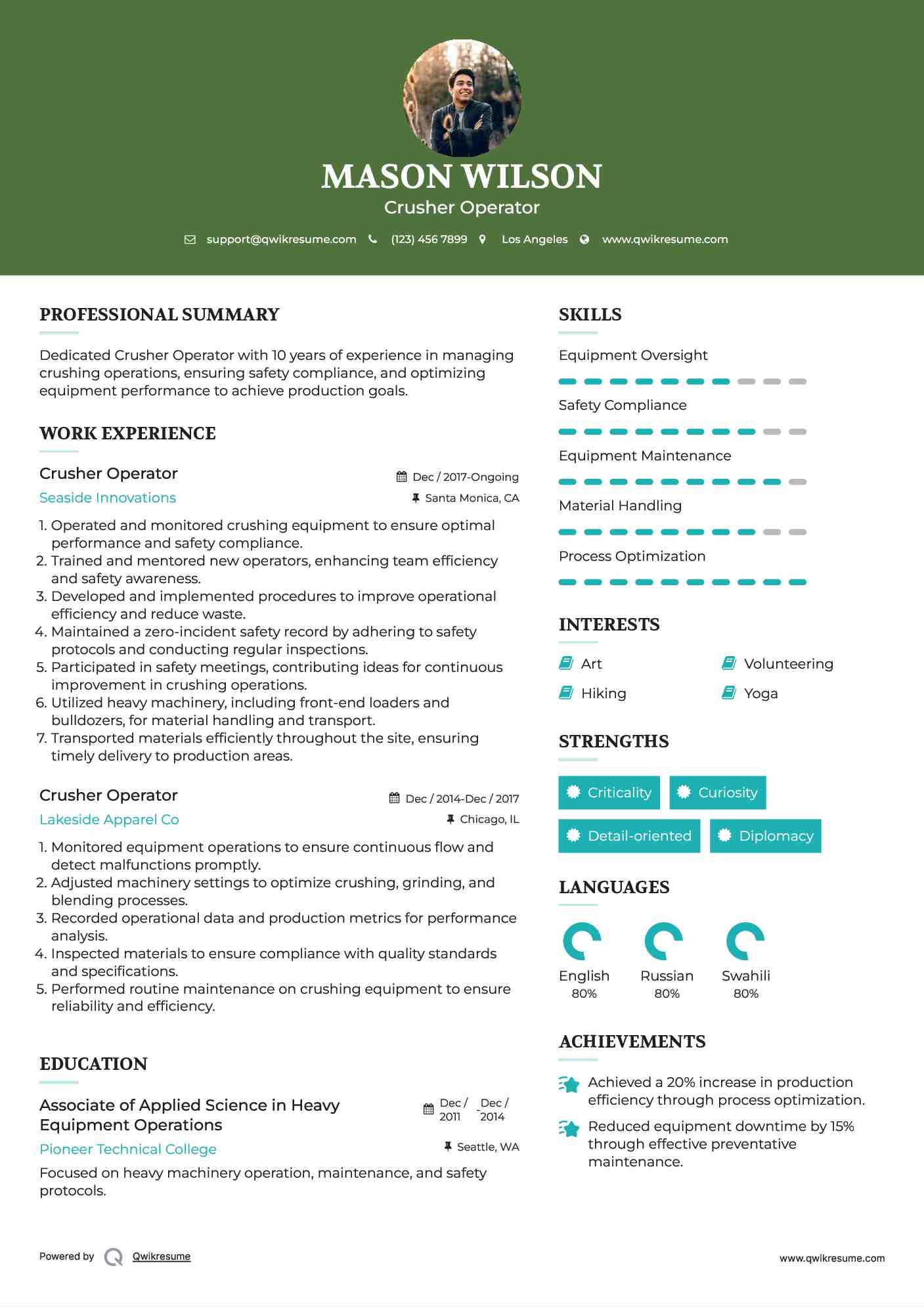 Crusher Operator Resume Format