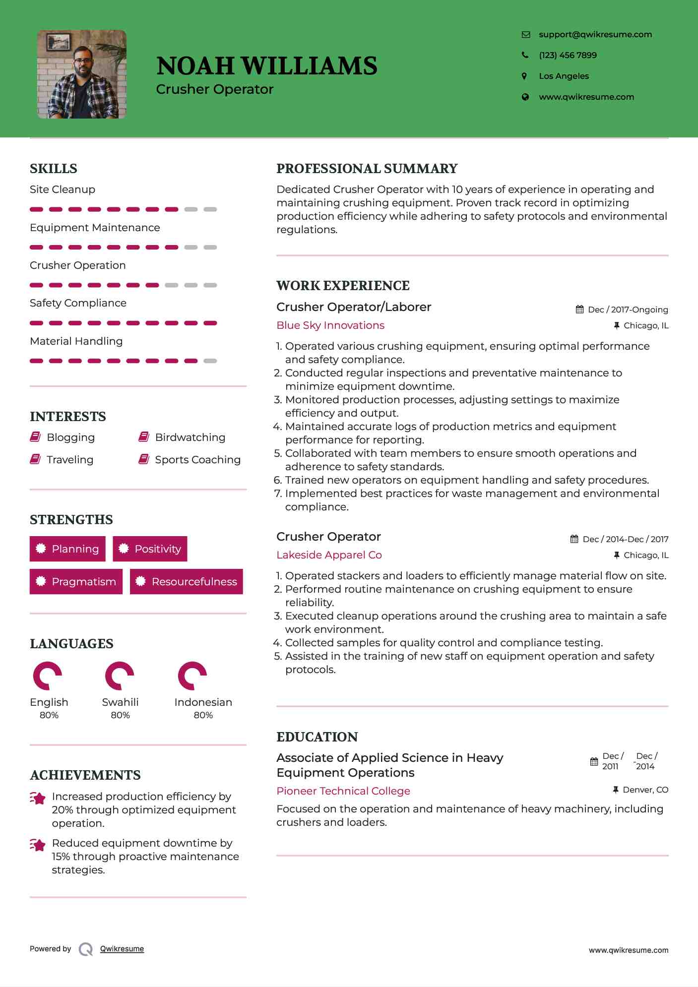Crusher Operator/Laborer Resume Model