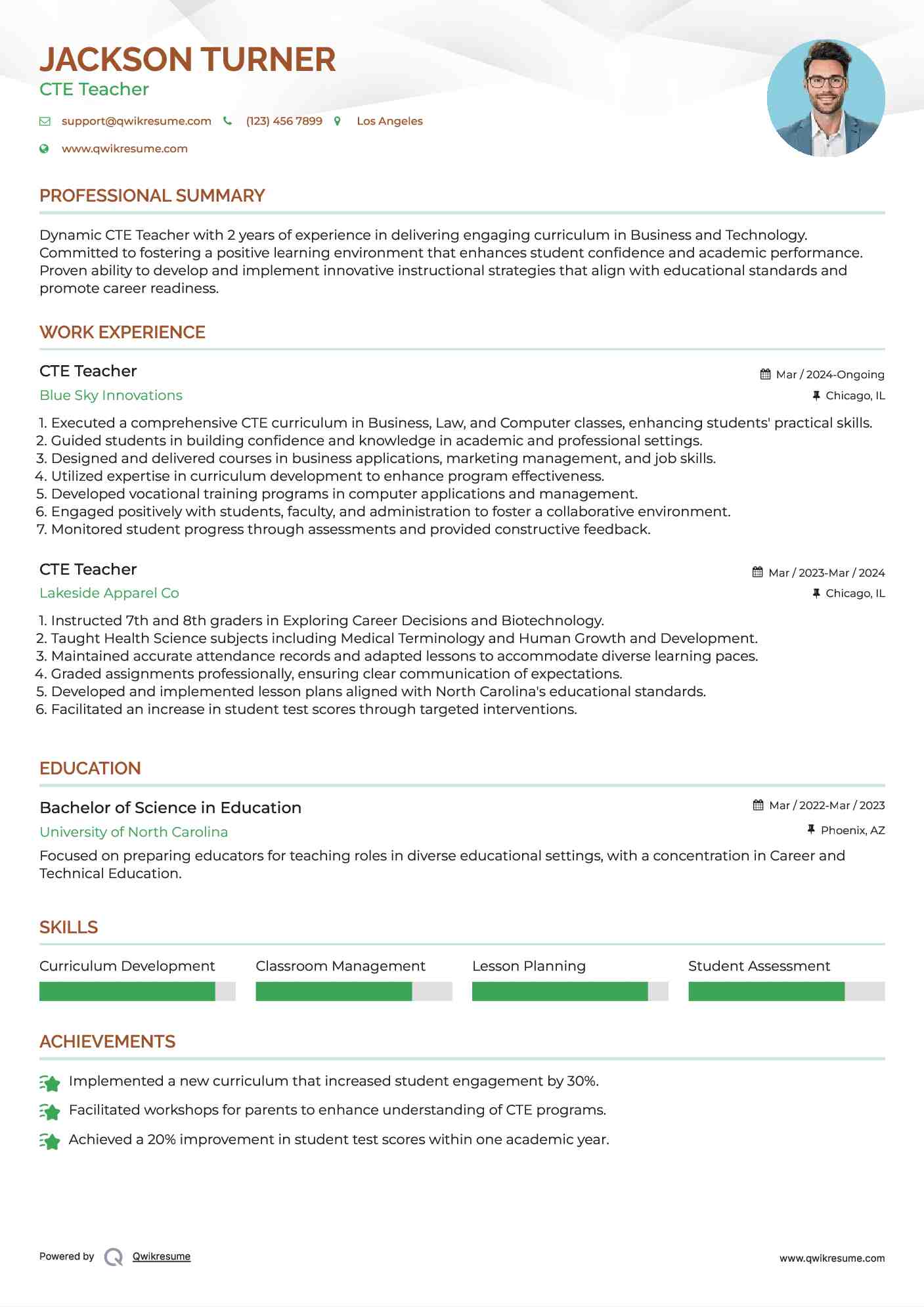 CTE Teacher Resume Example