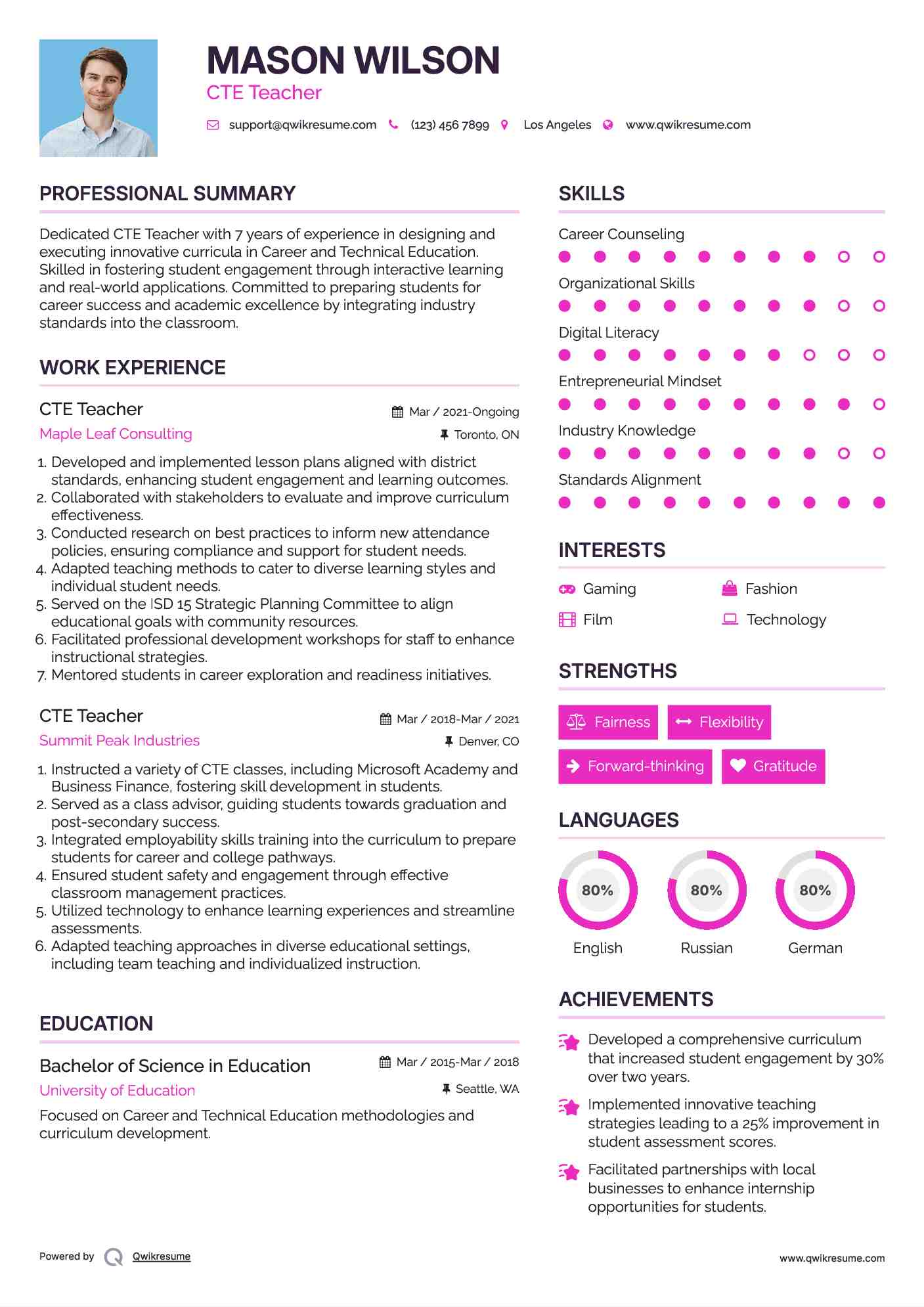 CTE Teacher Resume Sample