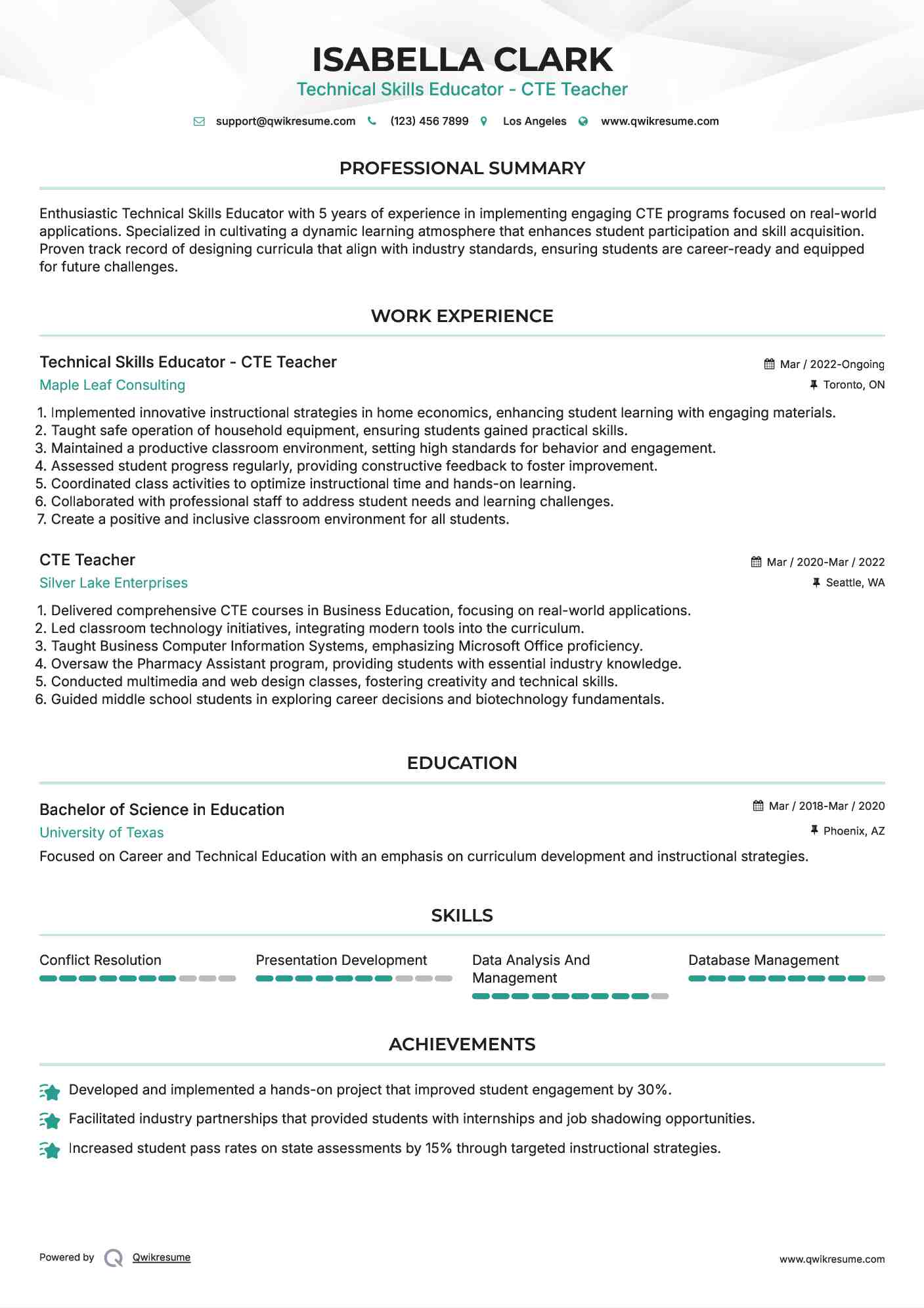 Technical Skills Educator - CTE Teacher Resume Template