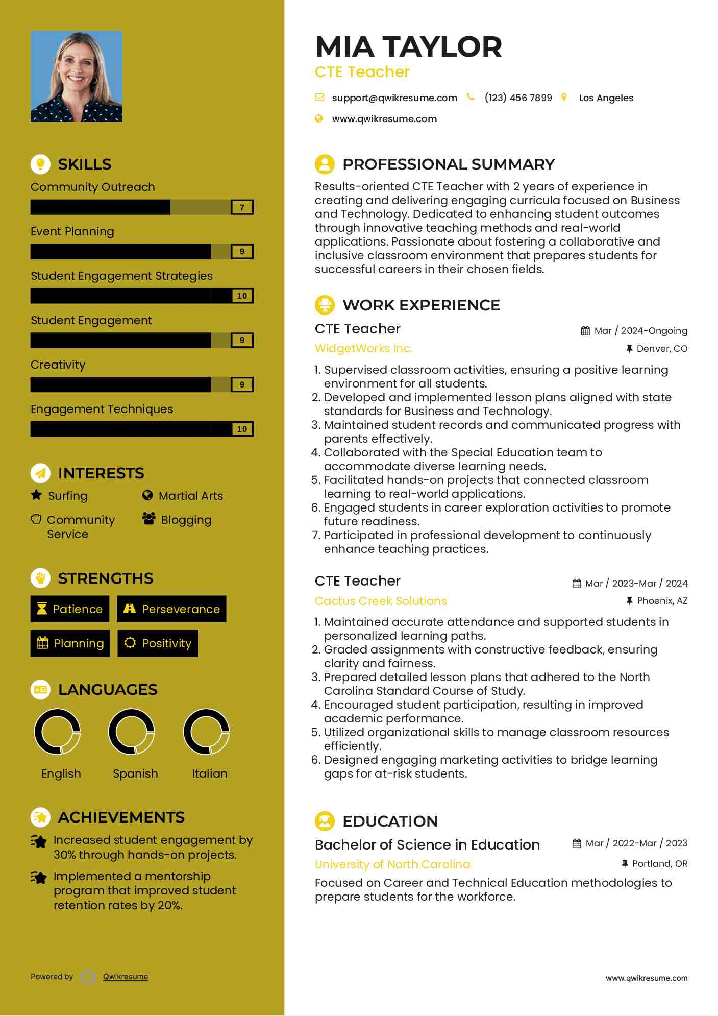 CTE Teacher Resume Format