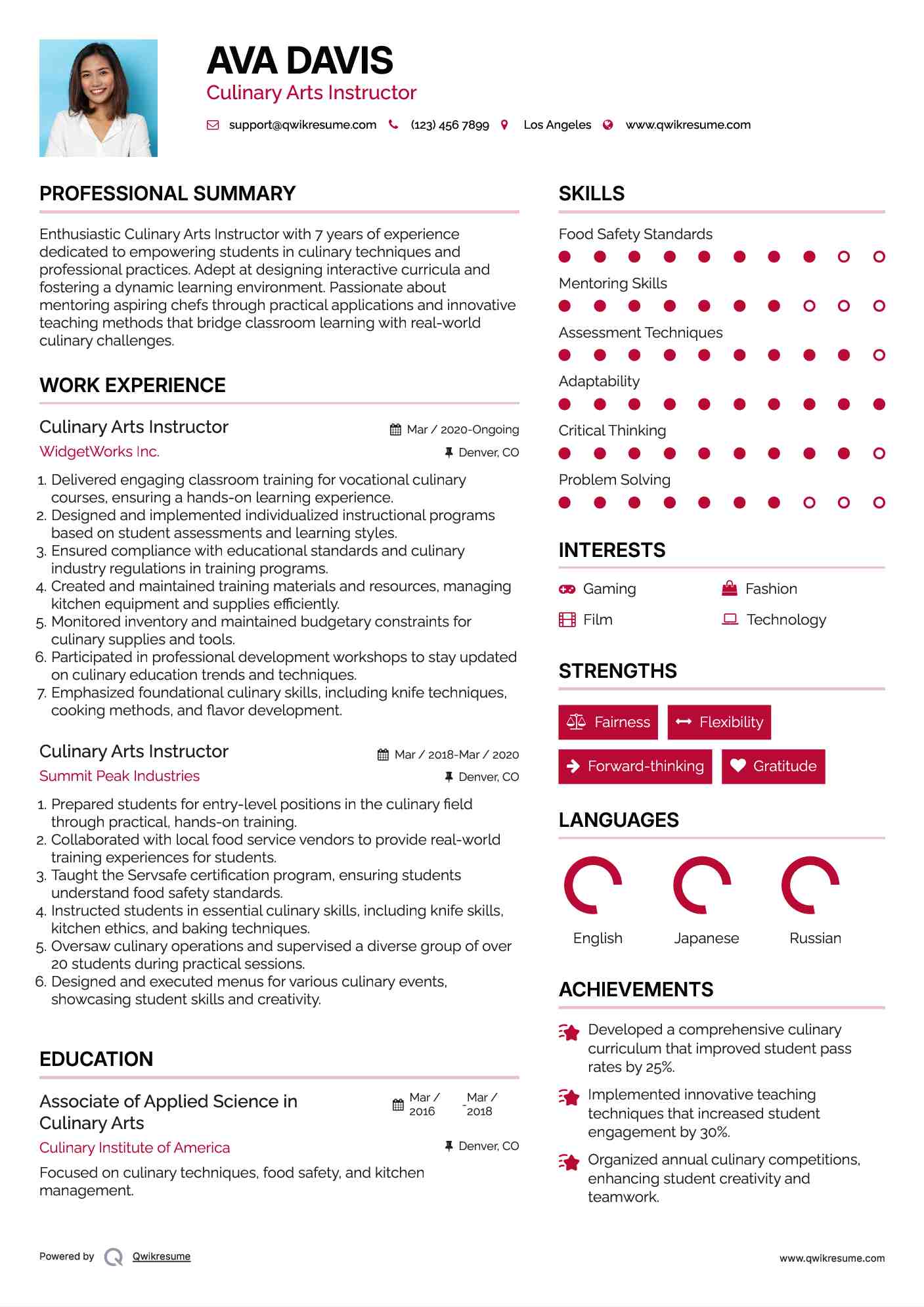 Culinary Arts Instructor Resume Sample