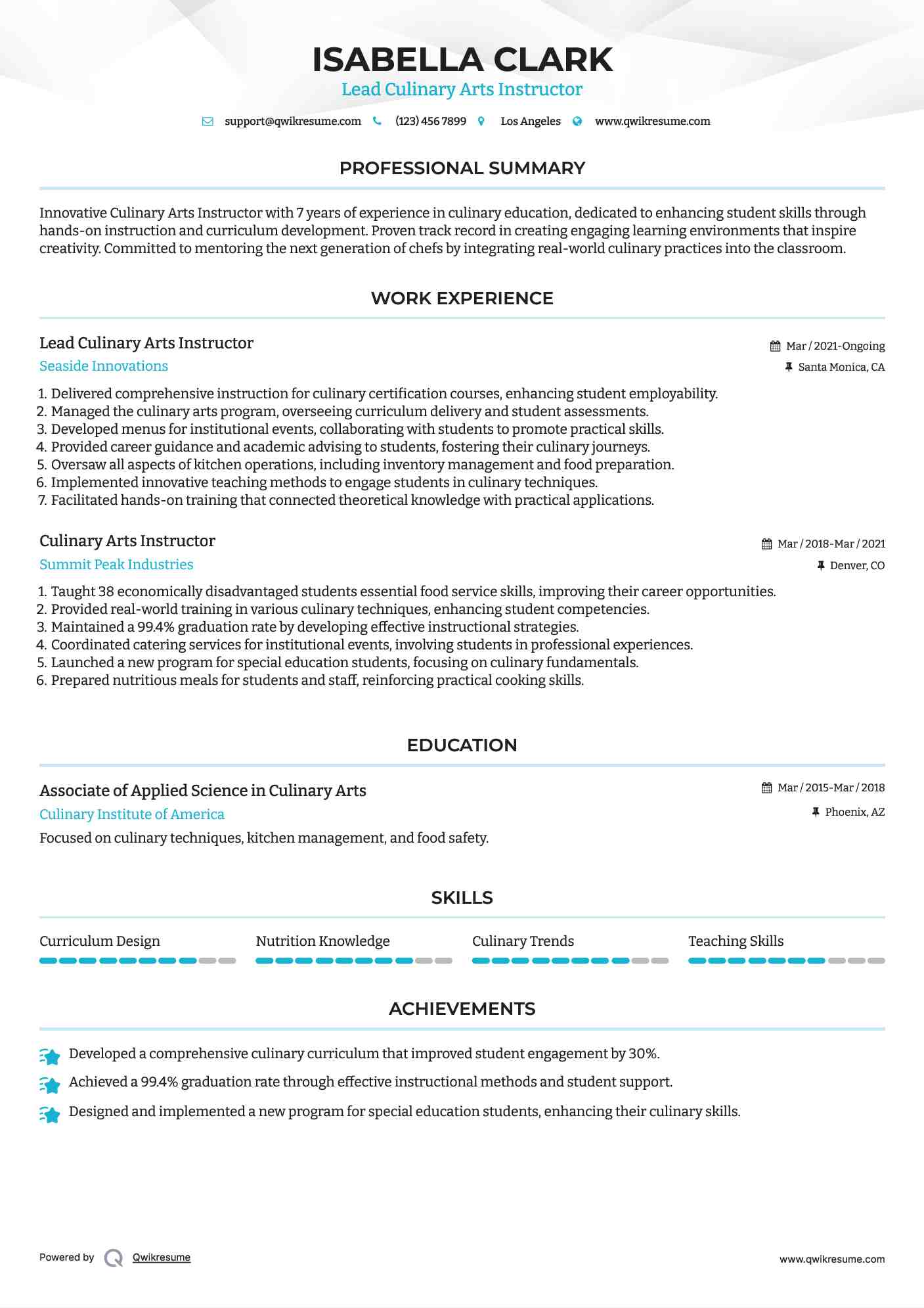 Lead Culinary Arts Instructor Resume Model