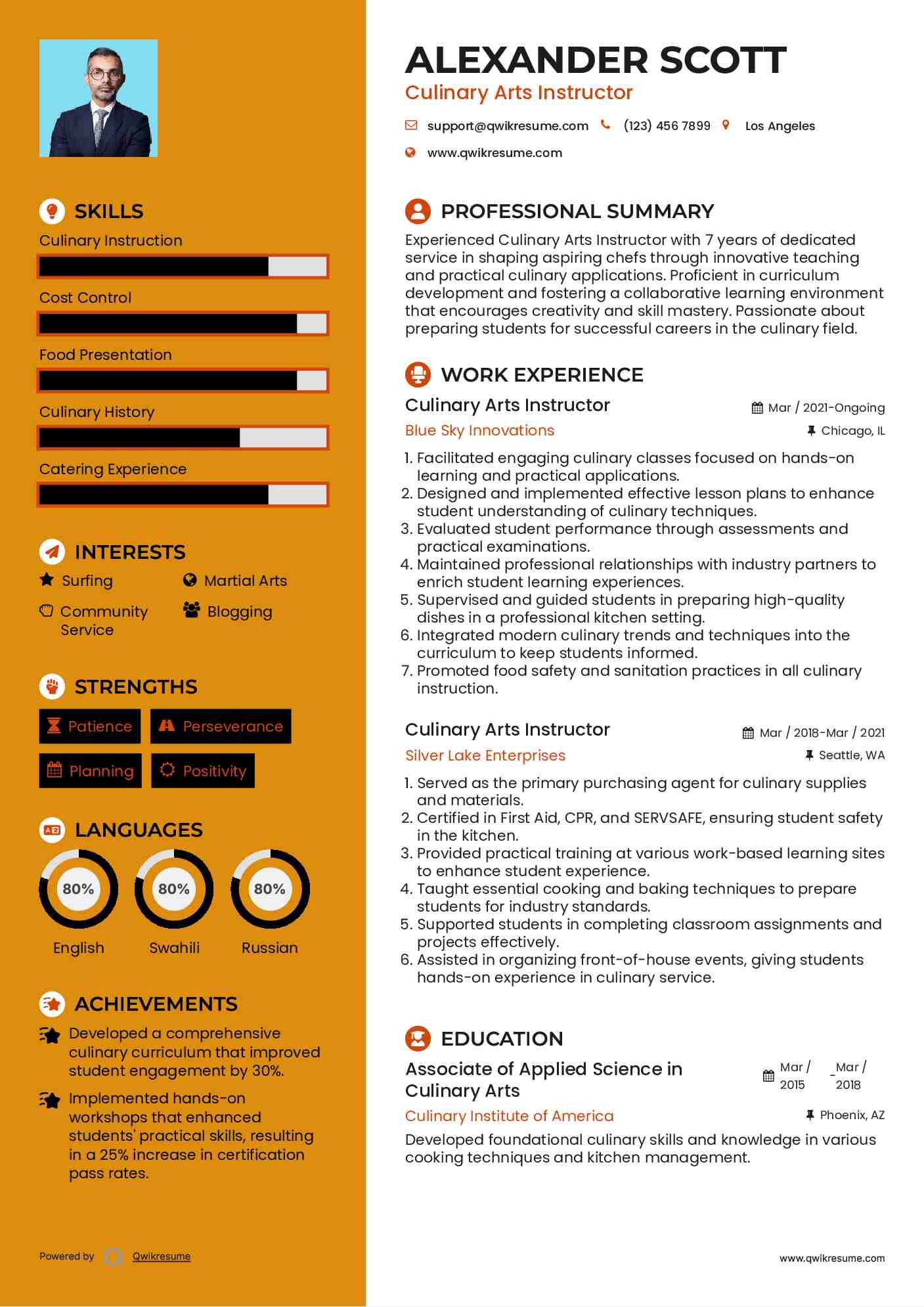 Culinary Arts Instructor Resume Model